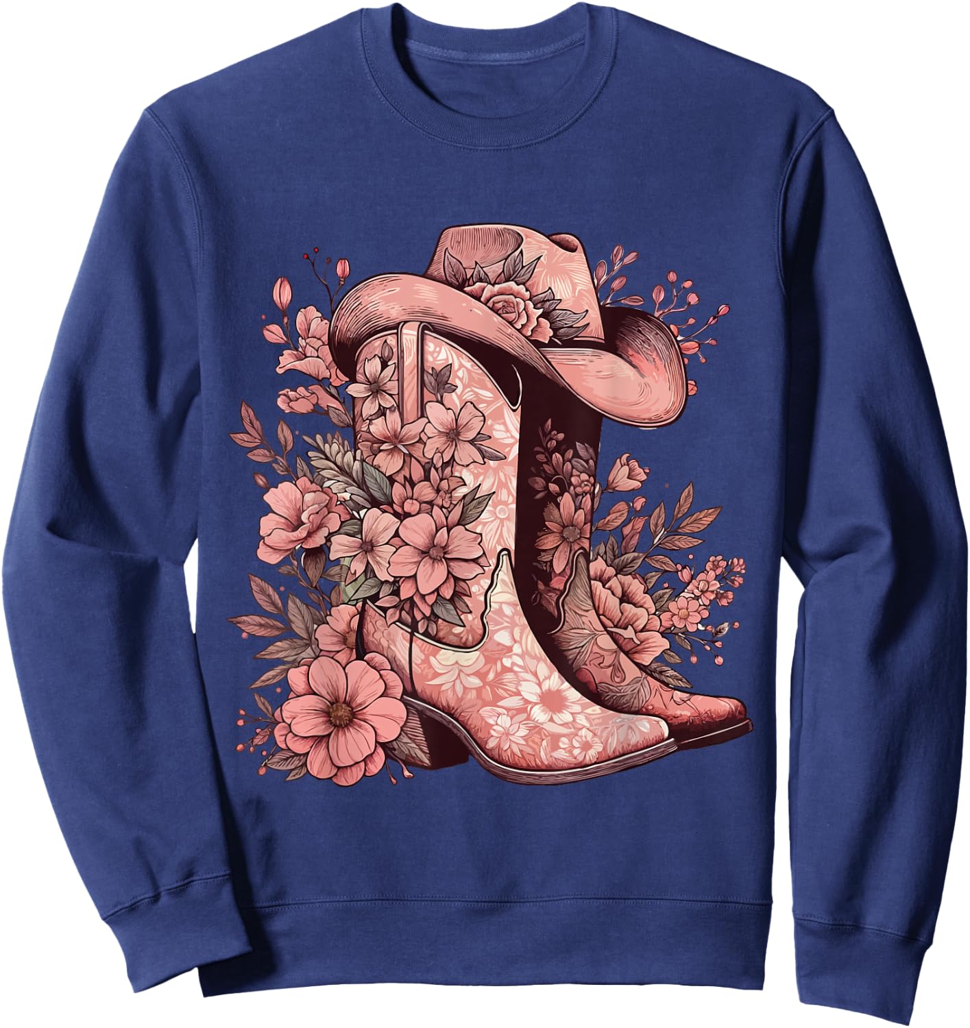 Boho Watercolor Cowgirl Boots Hat Floral Boots Western Boots Sweatshirt - Sweatshirt | Navy