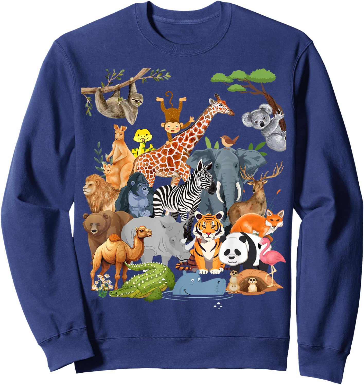 Men Women and Kids Wildlife Zoo Day Party Cute 22 Animals Sweatshirt - Sweatshirt | Navy