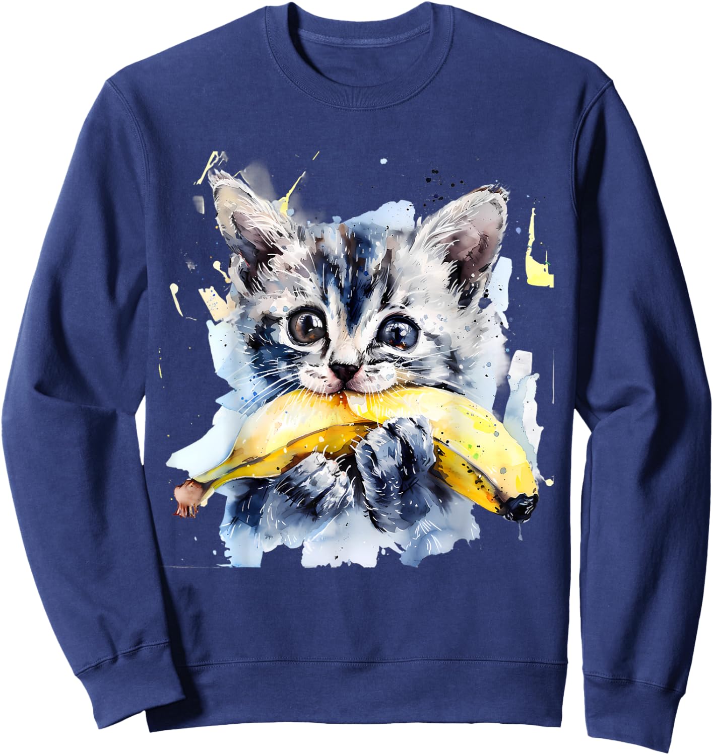 Banana Cat Watercolor Portrait Animal Art Bananas Fruit Sweatshirt - Sweatshirt | Navy