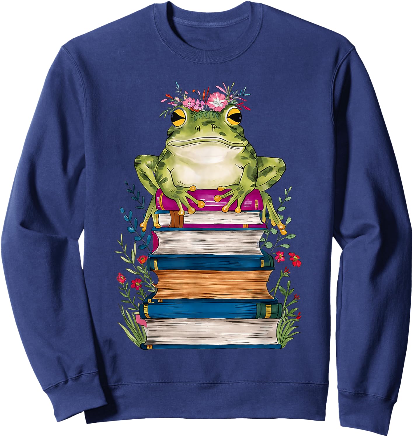 Cute Frog With Book Floral Bookworm Librarian Book Lover Sweatshirt - Sweatshirt | Navy