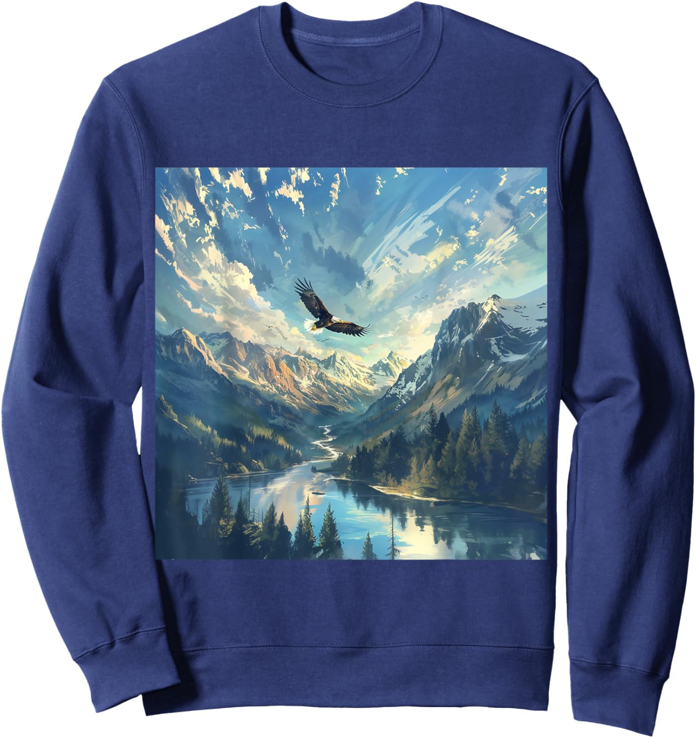 Gnosis Picture Archive Adult Impressionist Wild Bald Eagle Flying over River Valley - Black - Small - Short Sleeve Sweatshirt - Sweatshirt | Navy