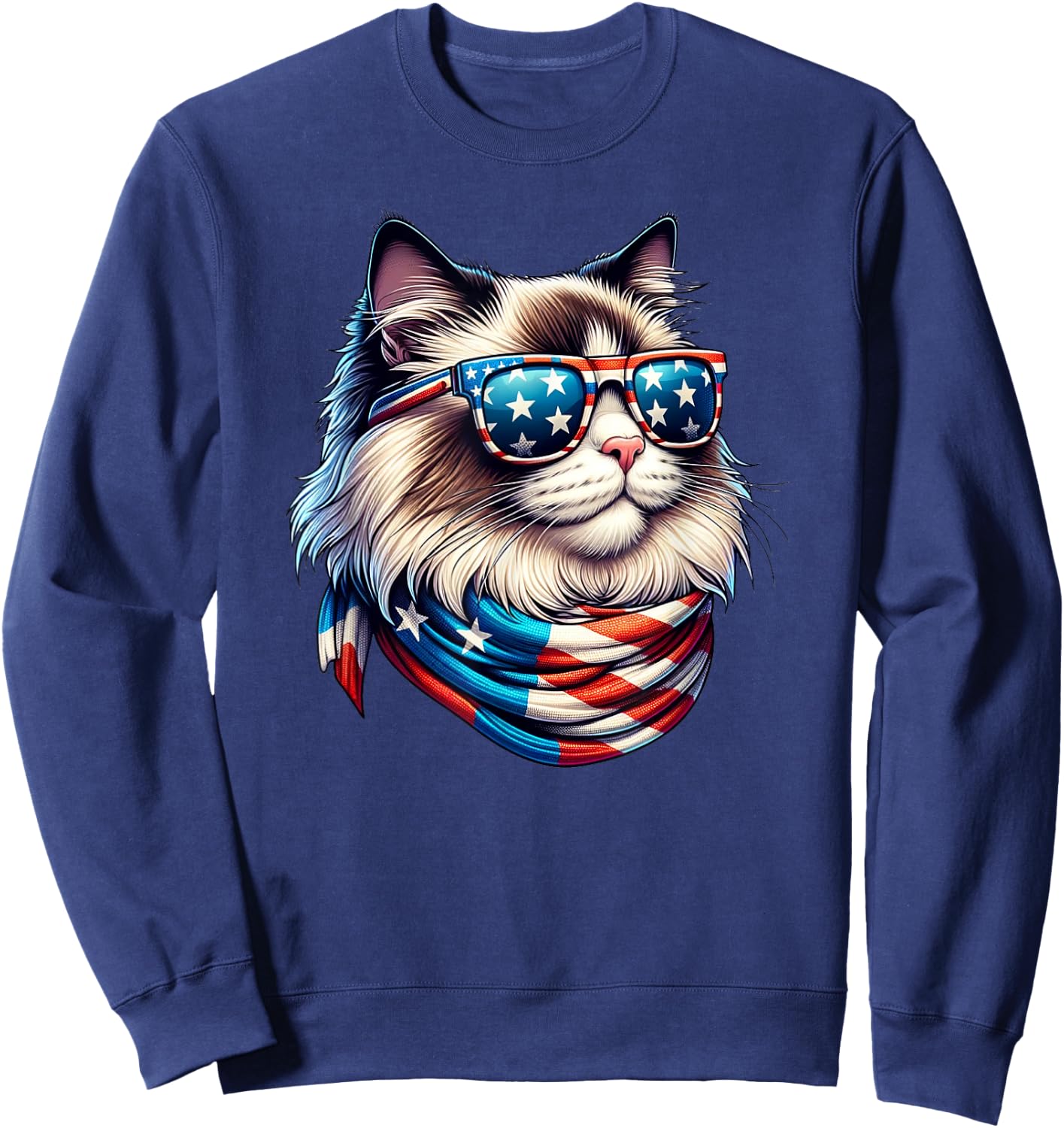 Ragdoll Cat USA Flag Sunglasses Patriotic Cat 4th of July Women Men Sweatshirt - Sweatshirt | Navy