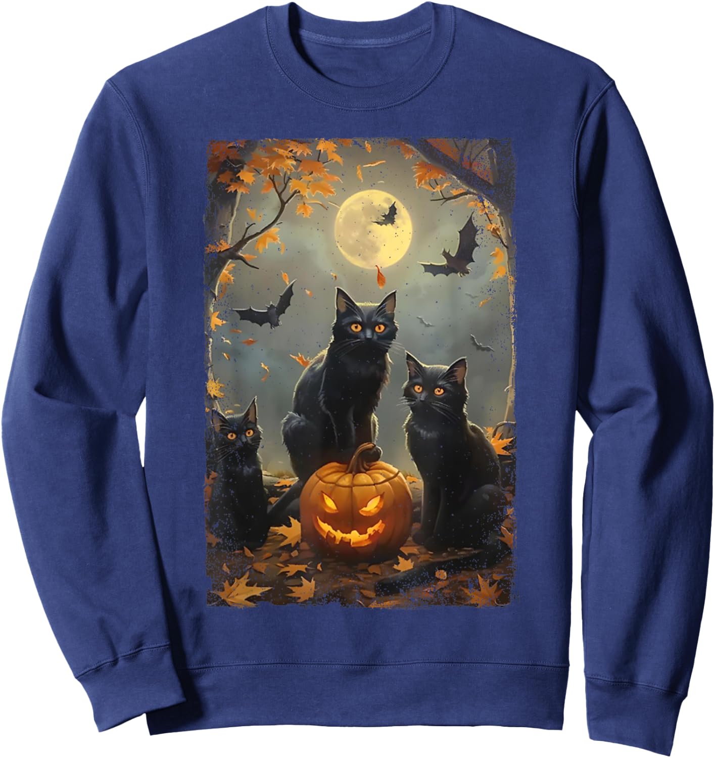Vintage Three Black Cats Halloween Pumpkin Costume Cat Lover Women Kids Sweatshirt - Sweatshirt | Navy