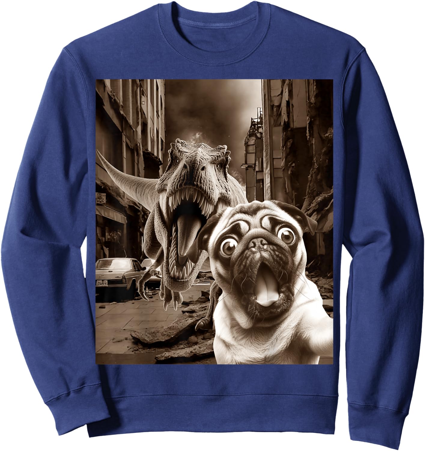 Funny Pug Selfie With T-rex Tyrannosaurus Dog Dinosaur Sweatshirt - Sweatshirt | Navy