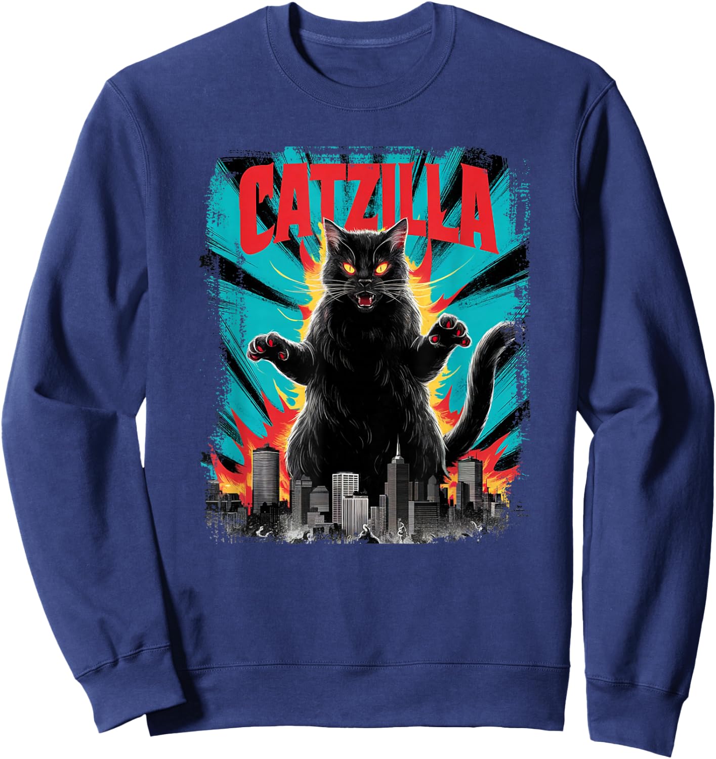 Catzilla Funny Cat Graphic Japanese Cityscape Sweatshirt - Sweatshirt | Navy