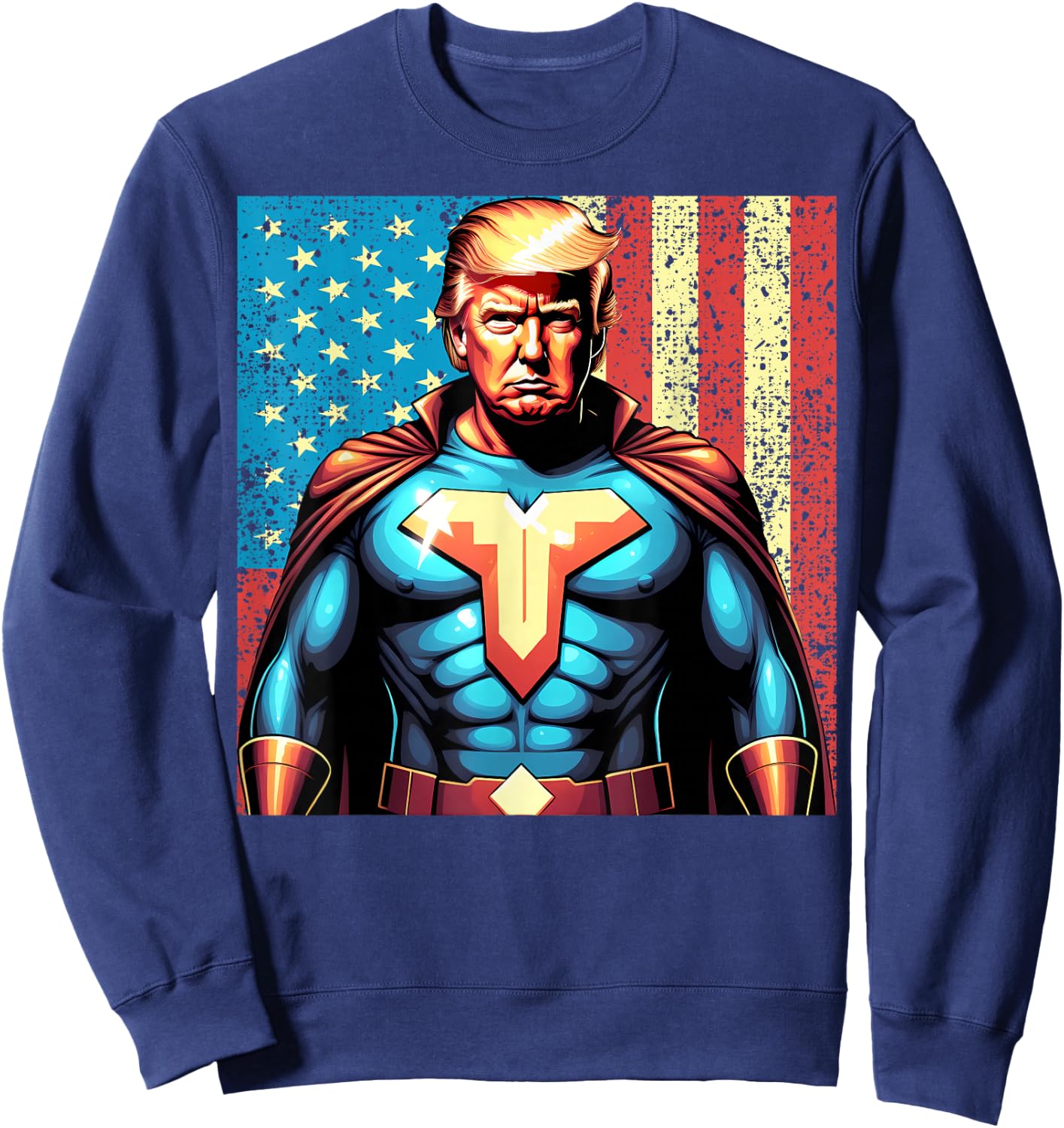 Donald Trump 2024 Superhero Distressed American Flag Sweatshirt - Sweatshirt | Navy