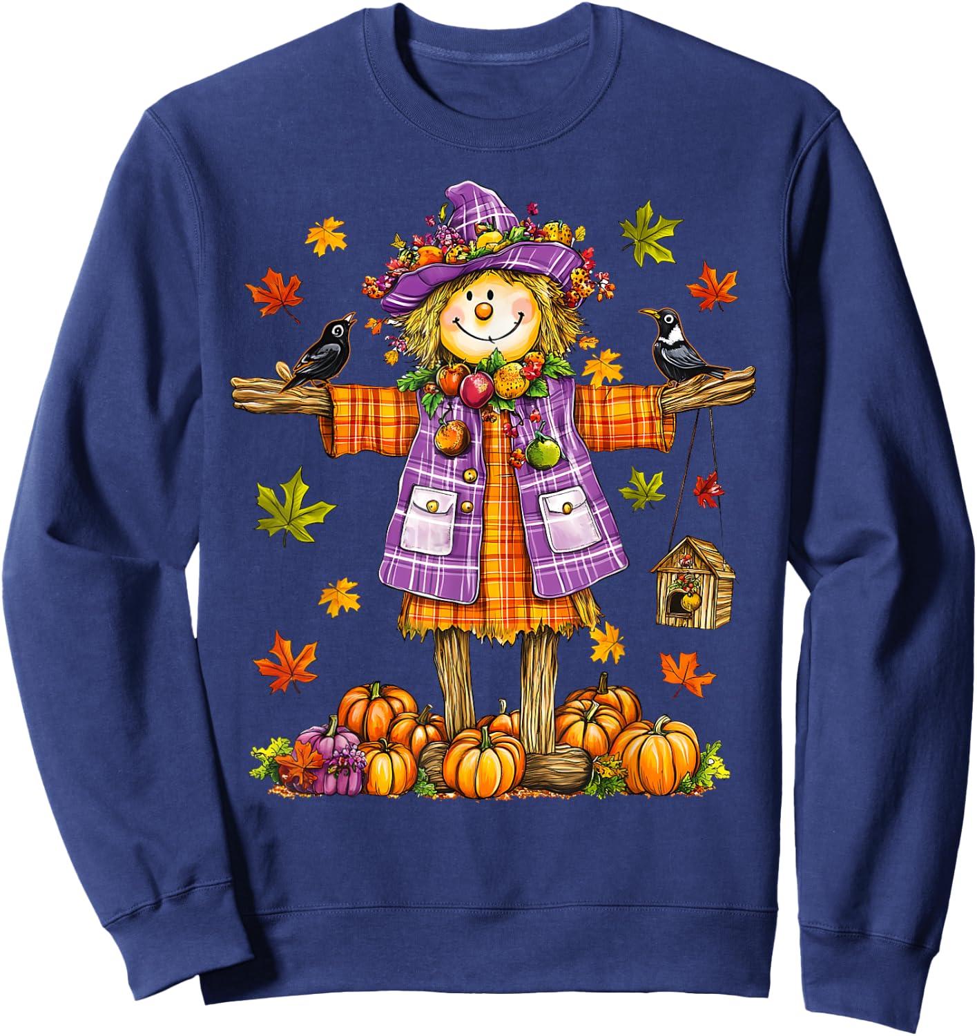 Scarecrow Autumn Fall Season Pumpkin Thanksgiving Halloween Sweatshirt - Sweatshirt | Navy