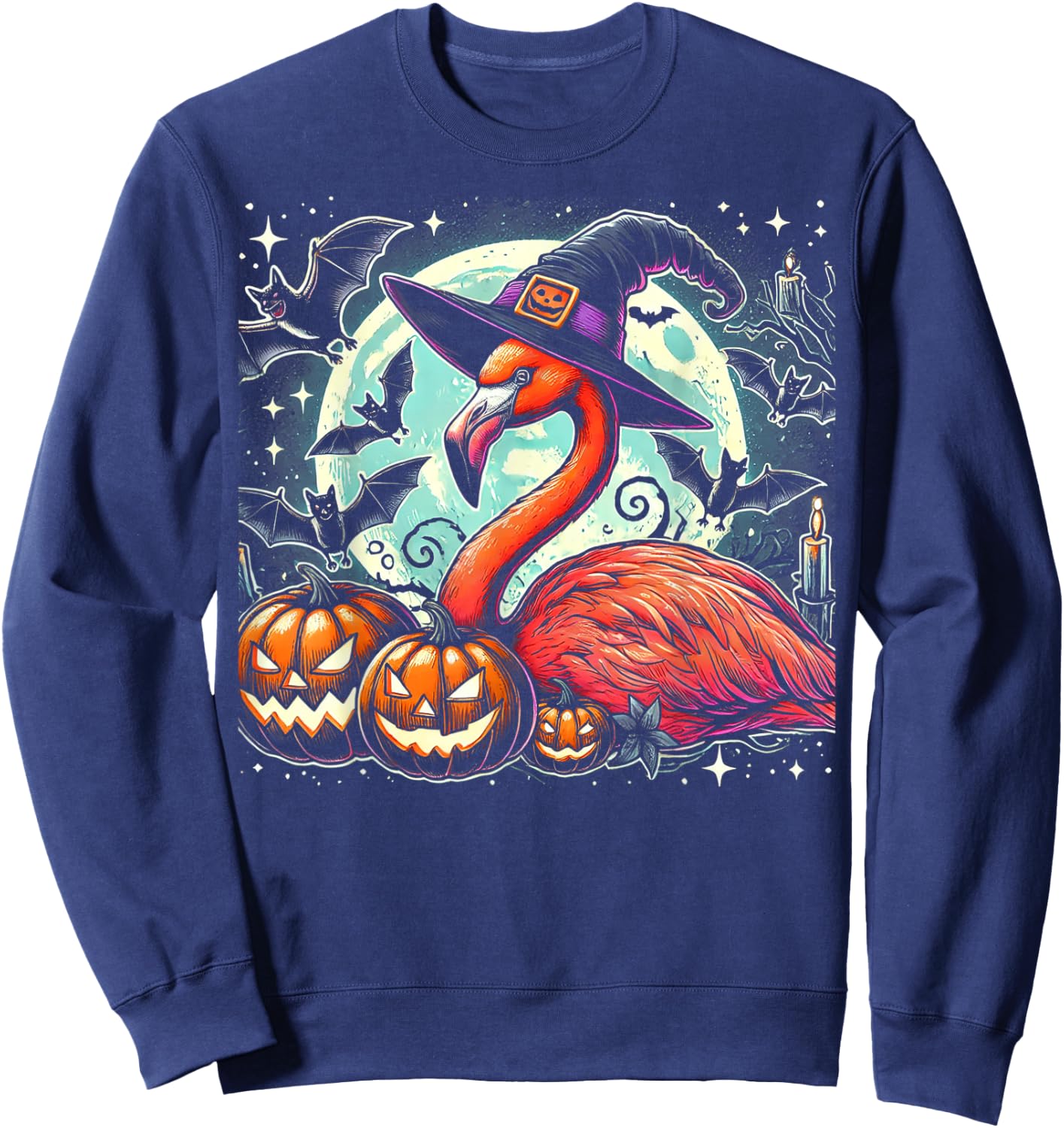 Flamingo Witch Halloween - Spooky Pumpkin Art Sweatshirt - Sweatshirt | Navy