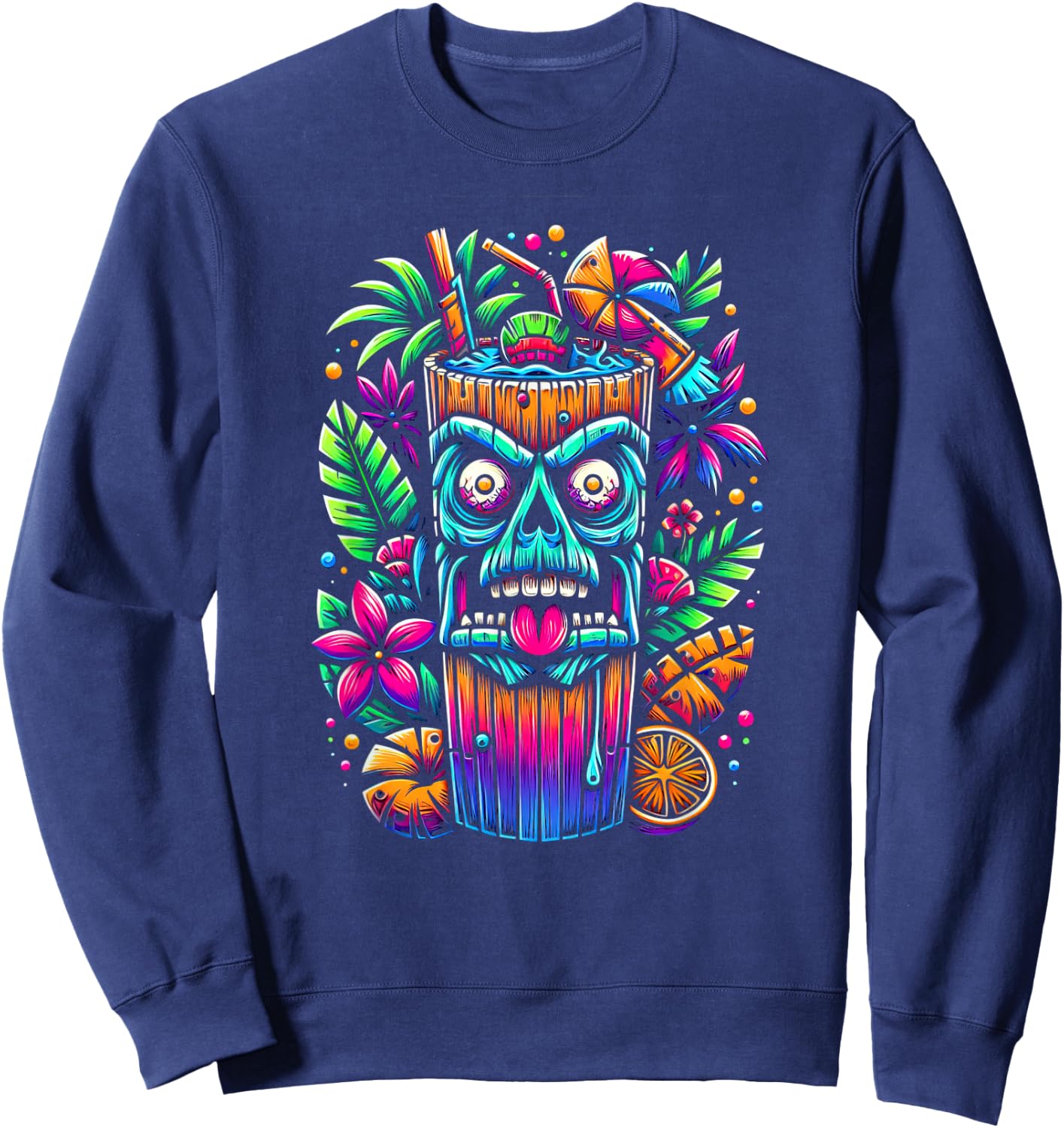 Zombie Tiki Glass Tropical Horror Fan Fun Summer Vacation Men Women Sweatshirt - Sweatshirt | Navy