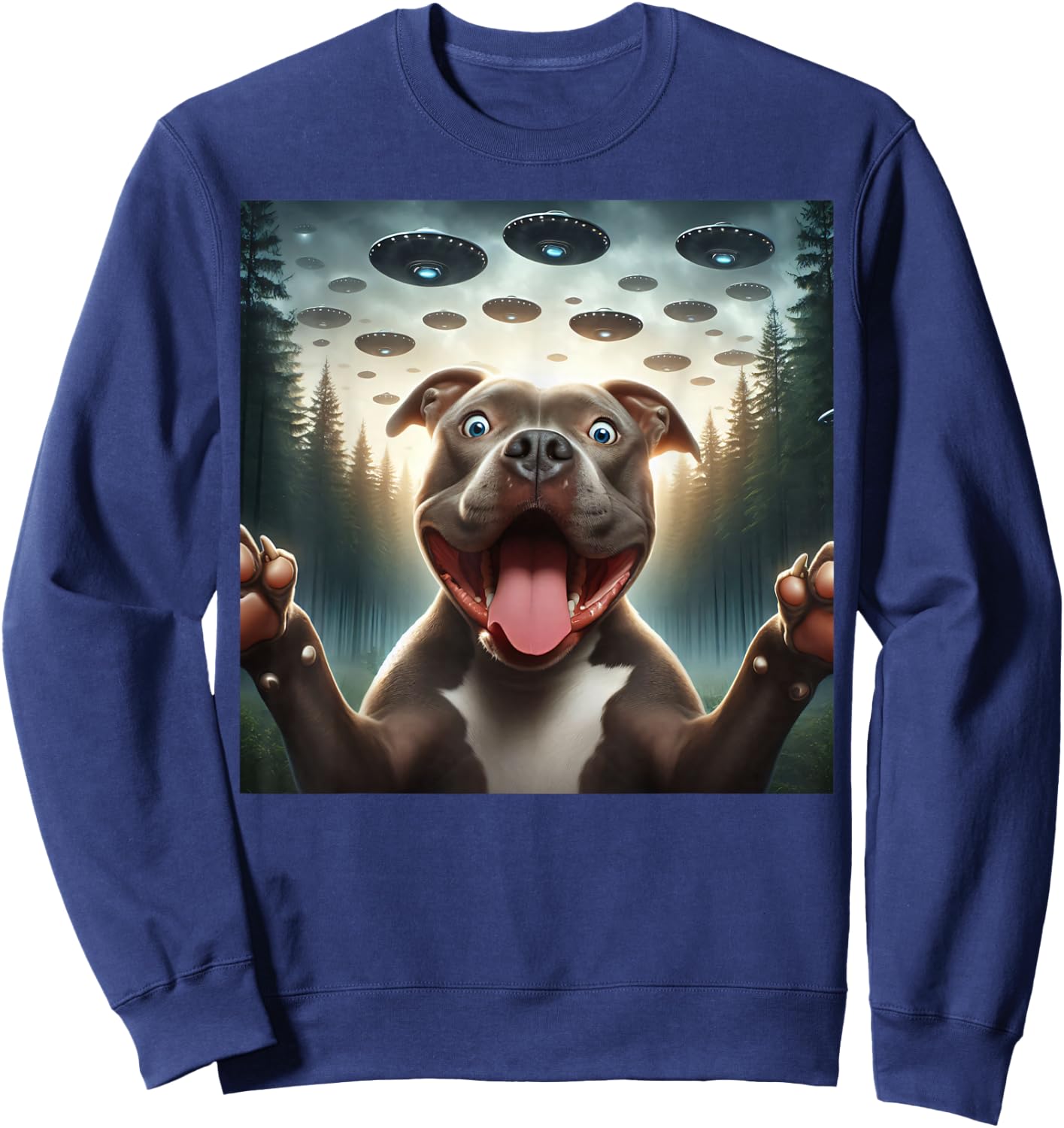Pitbull Selfie with UFO alien funny surprised Pitbull dog Men Women Kids Sweatshirt - Sweatshirt | Navy