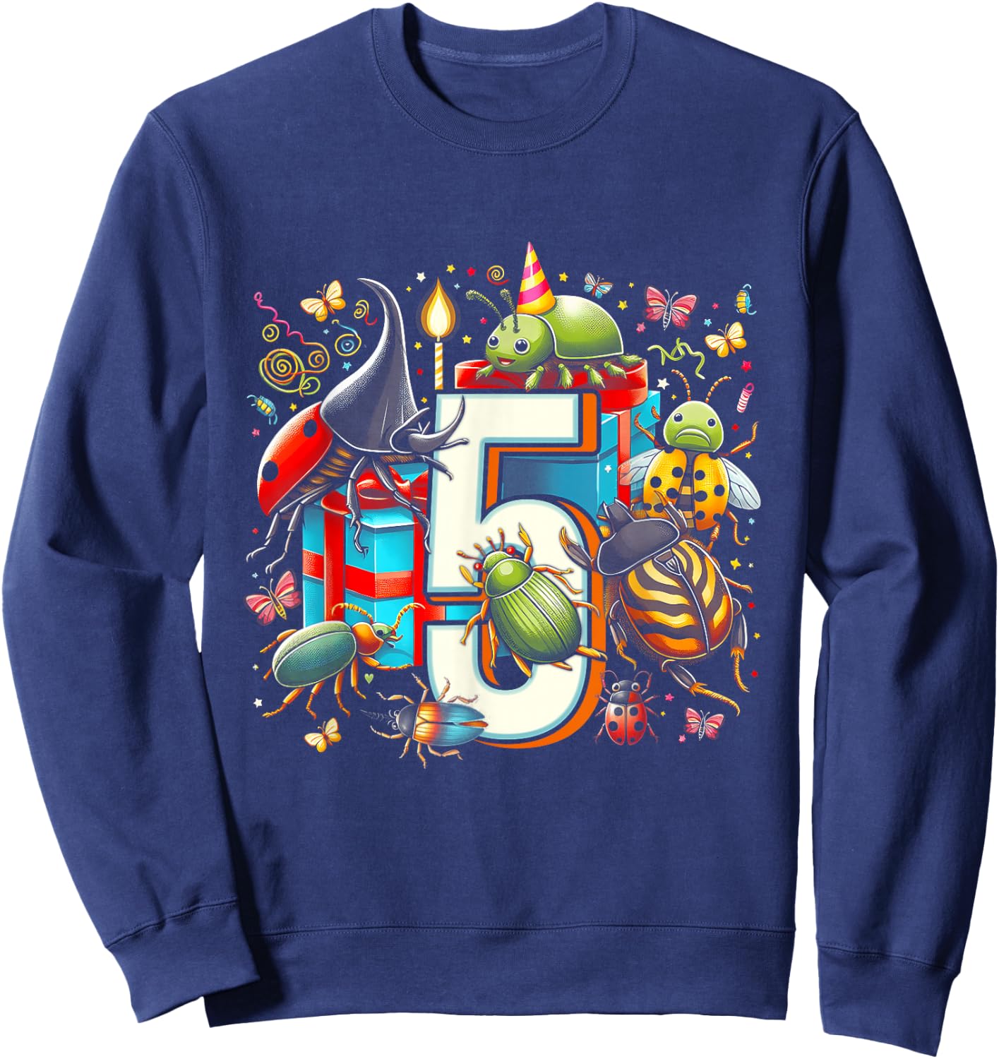 Kids 5th Birthday Bugs Insects Beetles Biology 5 Year Old Sweatshirt - Sweatshirt | Navy