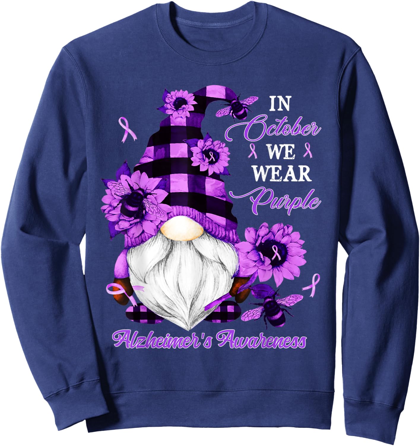 In October We Wear Purple Gnome Alzheimer's Awareness Sweatshirt - Sweatshirt | Navy