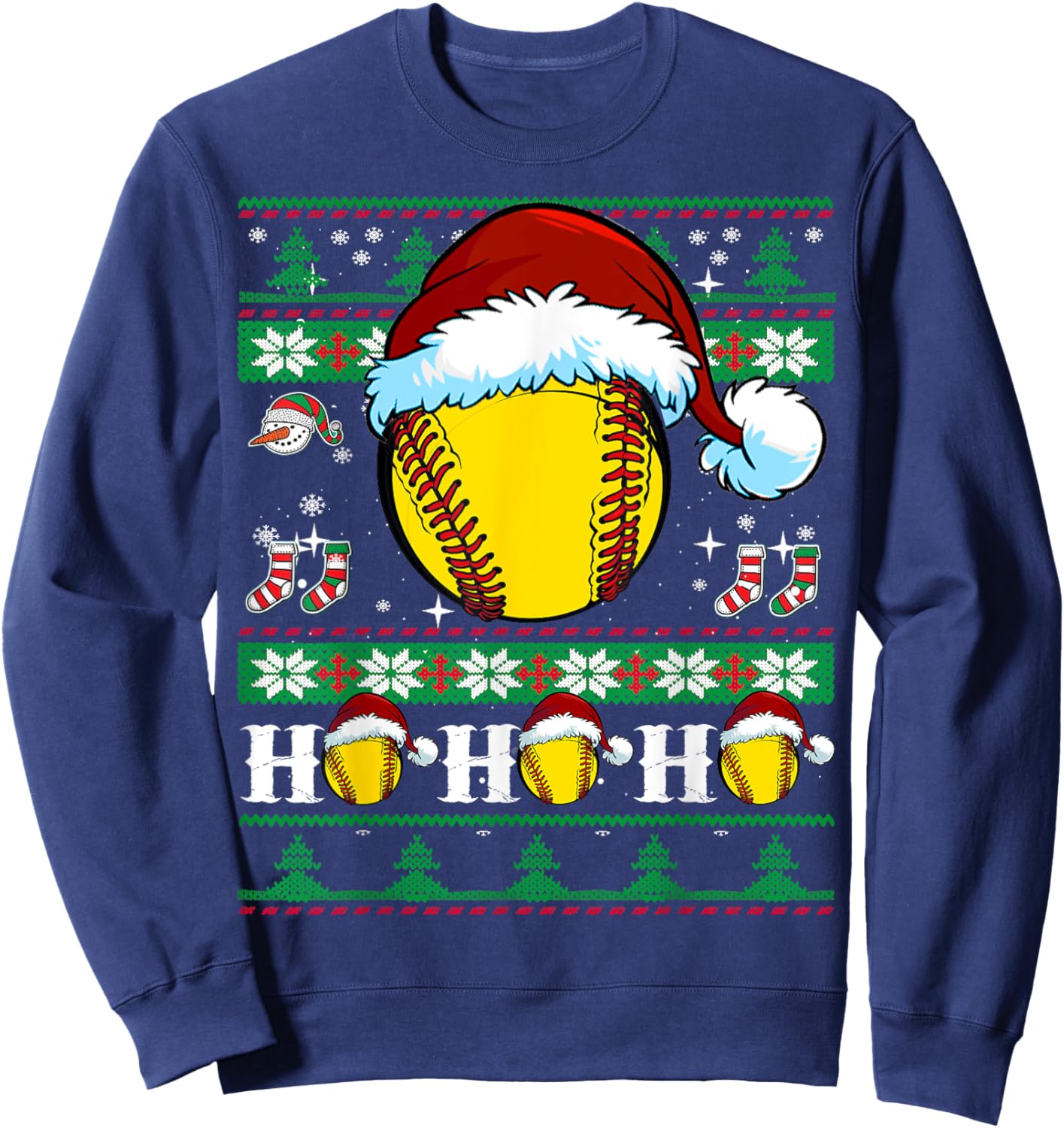 Ugly Christmas Softball Ho Ho Funny Xmas Sports Santa Hat Sweatshirt - Sweatshirt | Navy