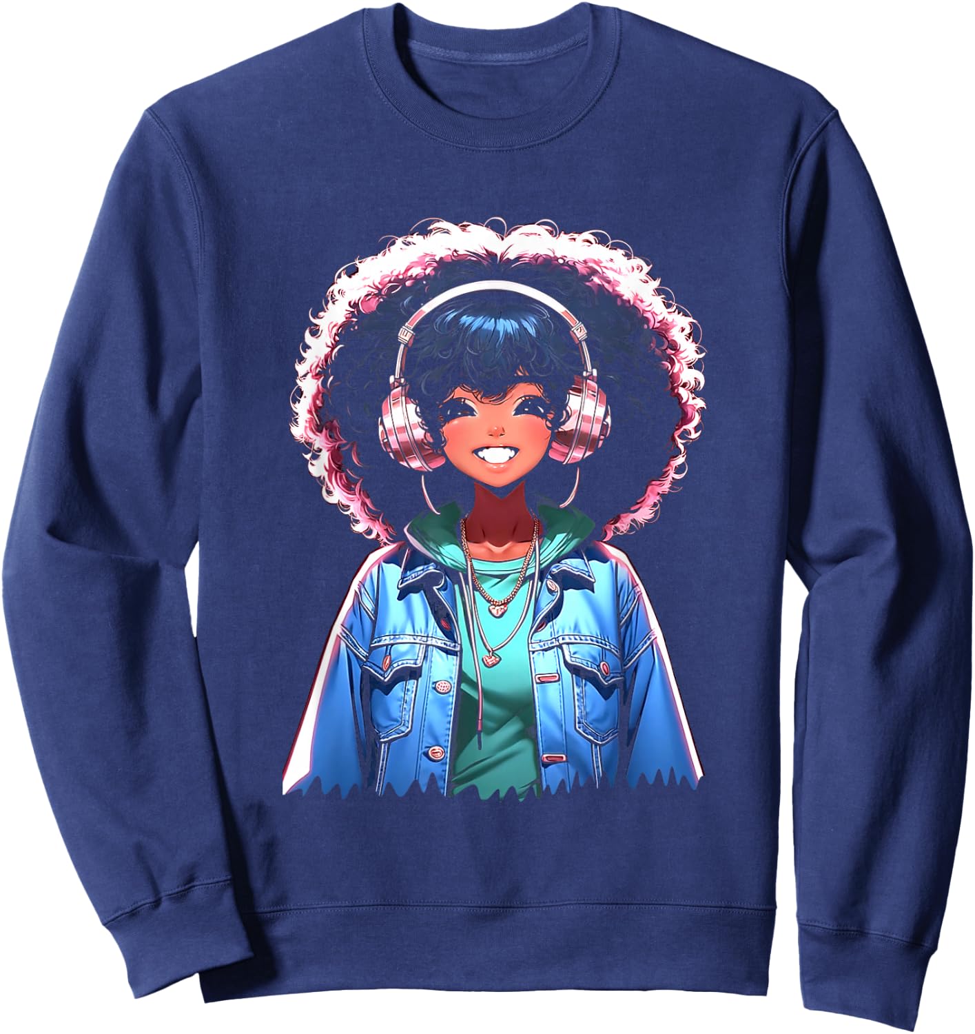 Anime and Music Black Girl Anime Merch Afro African American Sweatshirt - Sweatshirt | Navy