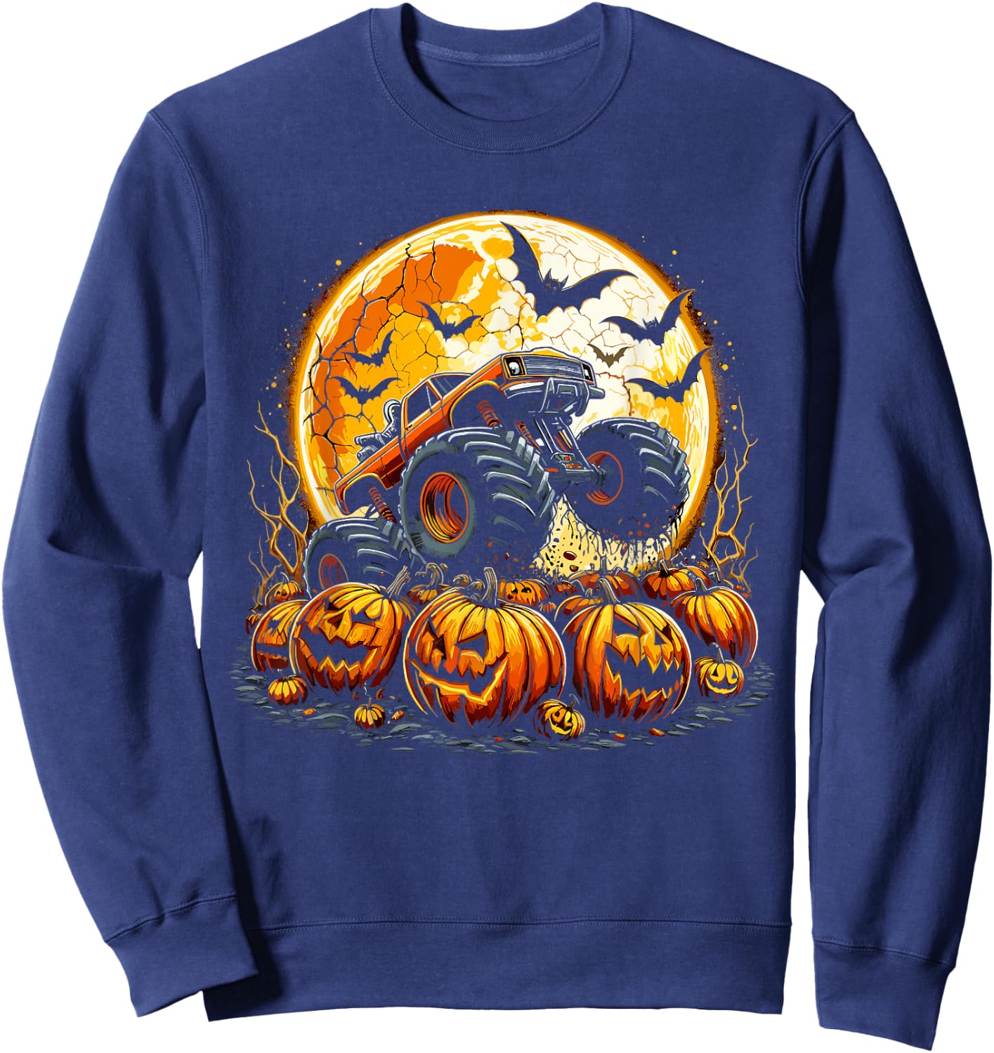 Monster Truck Halloween Jack O Lantern Pumpkin Moon Sweatshirt - Sweatshirt | Navy