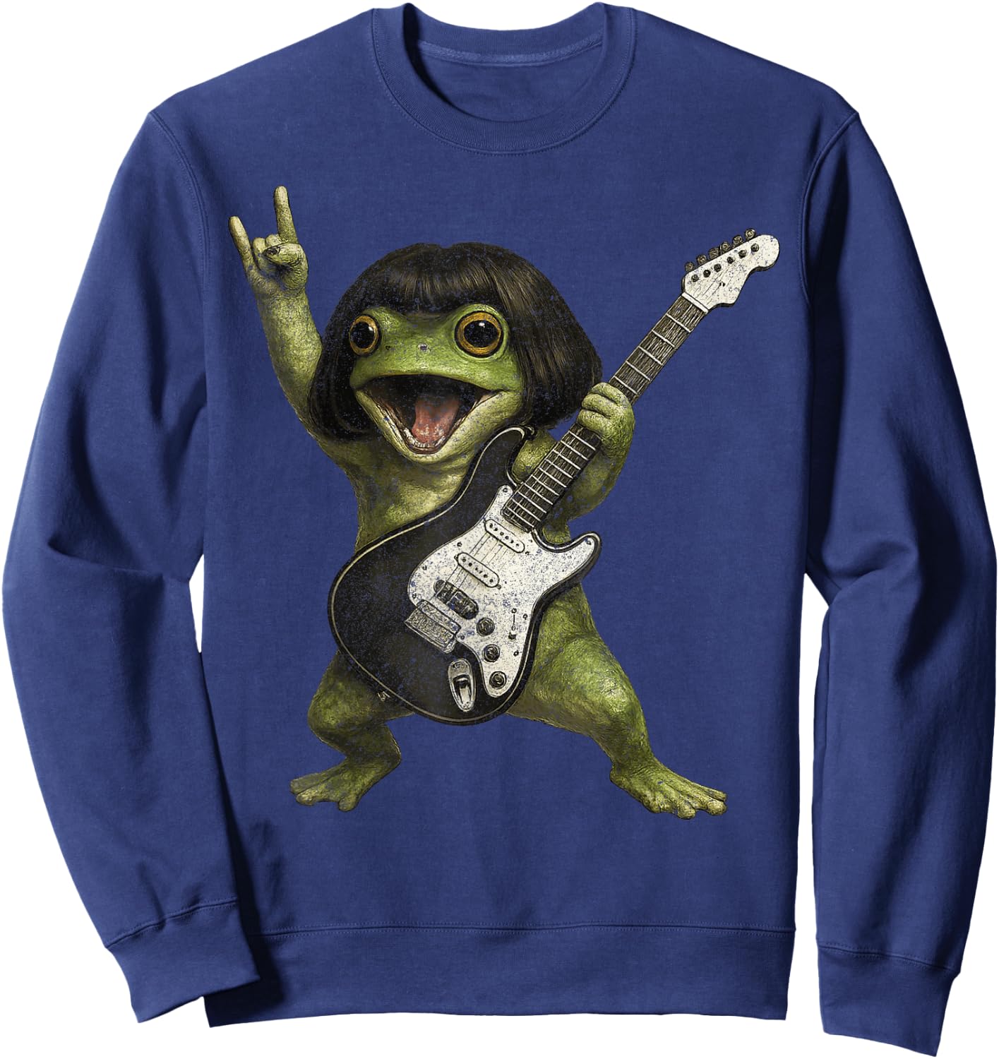 Funny Bob Haircut Frog Playing Guitar Rock and Roll Meme Sweatshirt - Sweatshirt | Navy