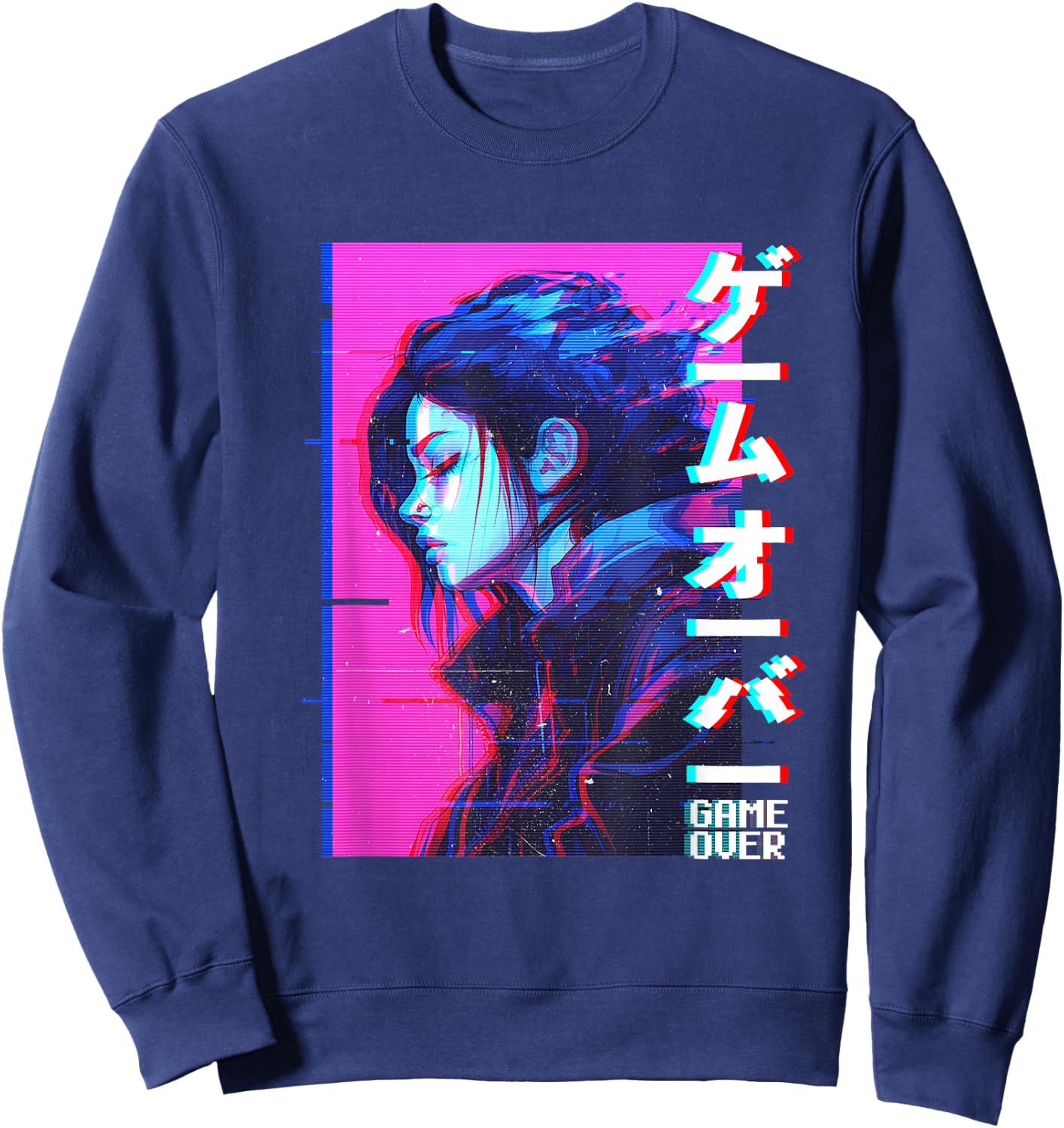 Sad Japanese Anime Girl Game Over Vaporwave Aesthetic Sweatshirt - Sweatshirt | Navy