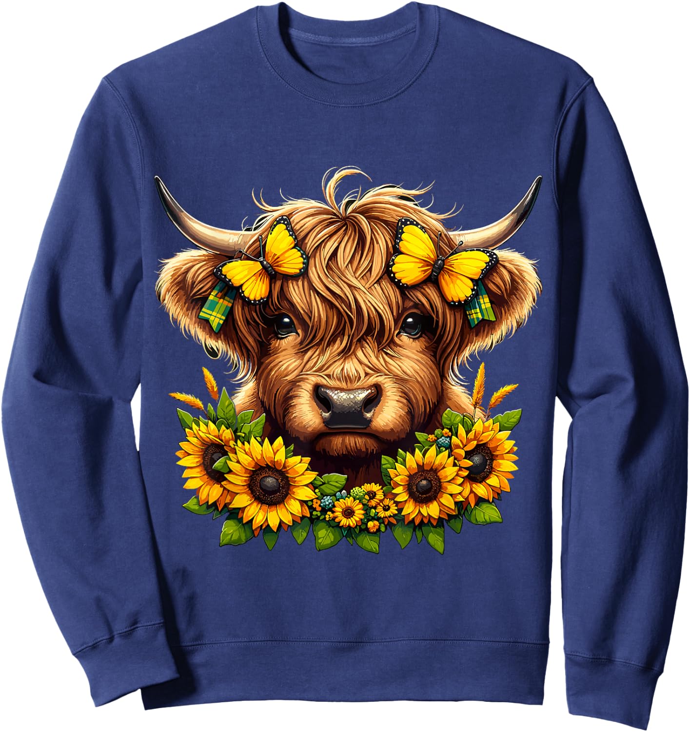 Highland Cow Sunflowers and Butterflies Highland Cattle Sweatshirt - Sweatshirt | Navy