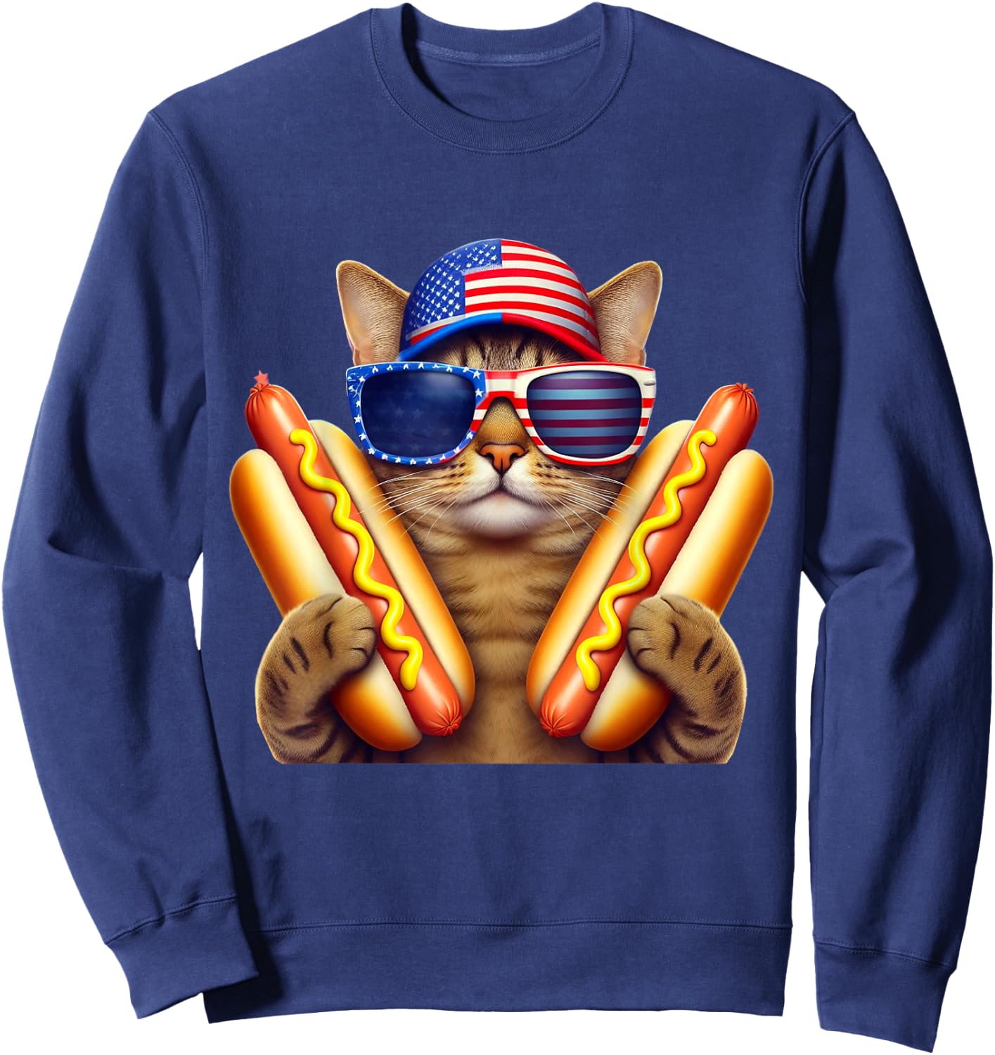 4th of July Hotdog Cat Funny Patriotic Cat USA Flag Wiener Sweatshirt - Sweatshirt | Navy