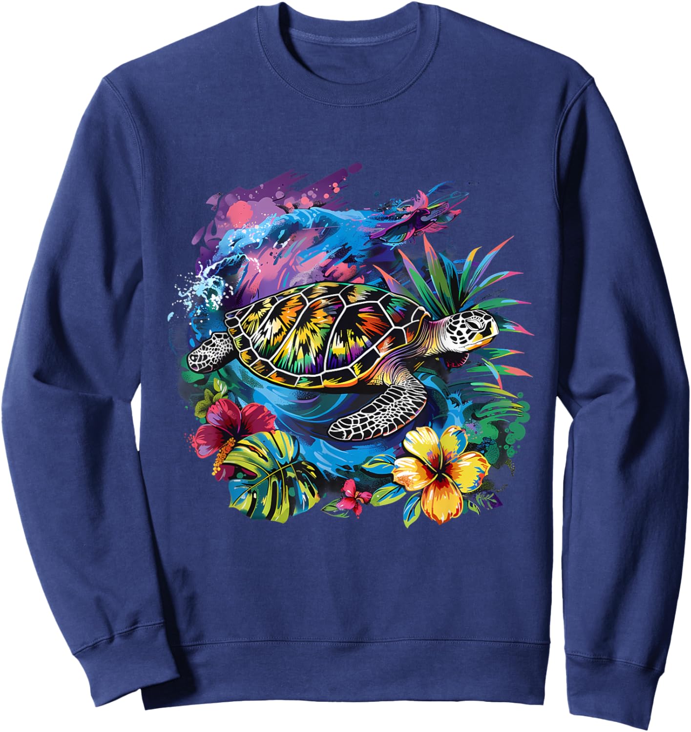 Sea Turtle Floral Artwork Marine Mammal Sea Ocean Animal Sweatshirt - Sweatshirt | Navy