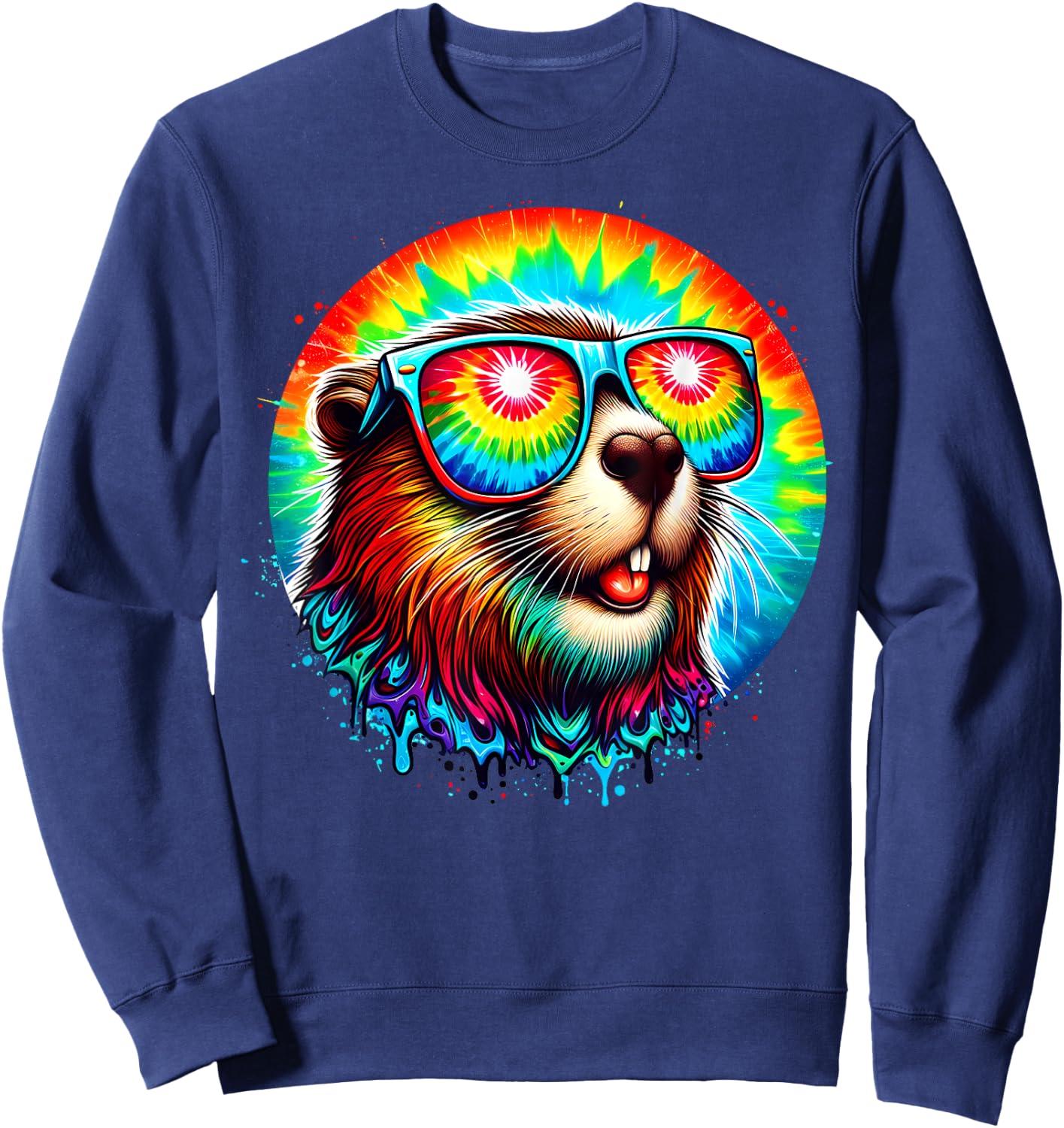 Cool Tie Dye Sunglasses Beaver Illustration Graphic Art Sweatshirt - Sweatshirt | Navy