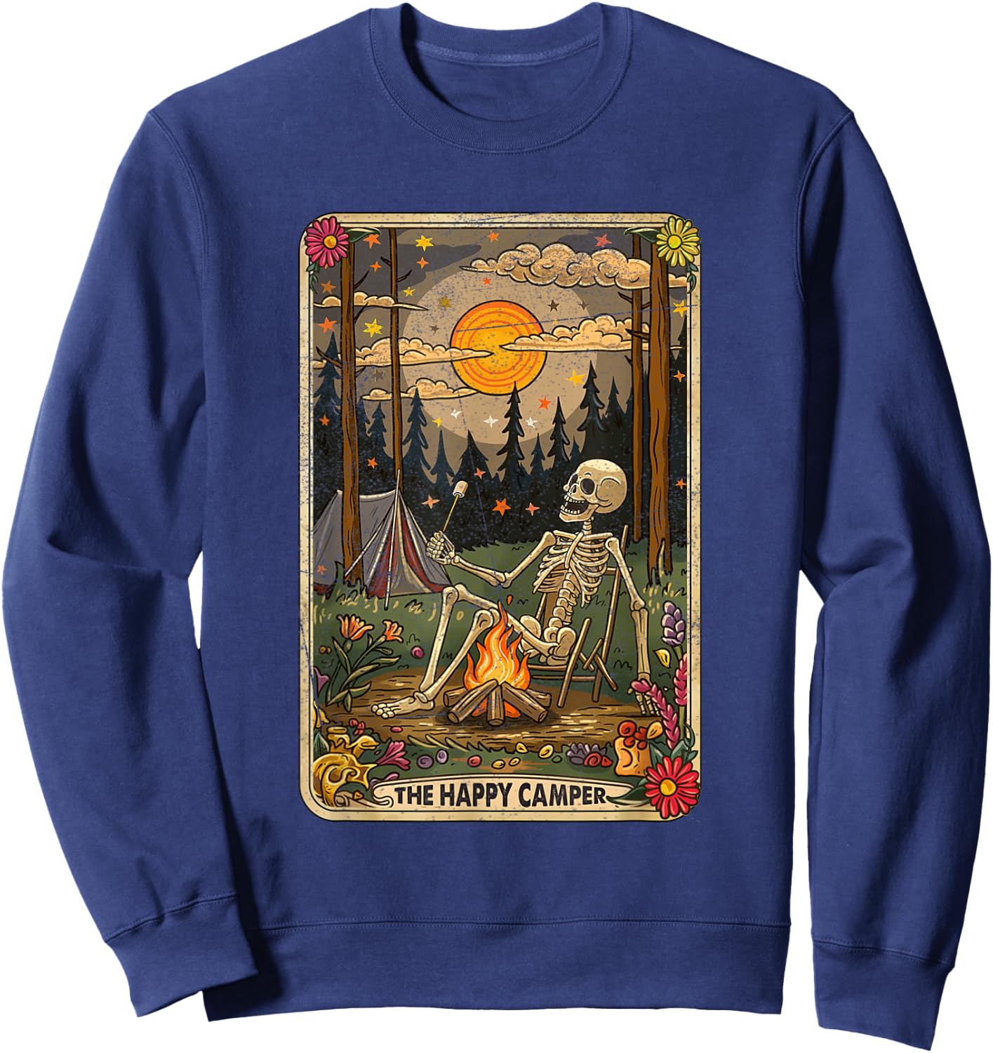 The Happy Camper Cute Skeleton Marshmallow Mystic Tarot Card Sweatshirt - Sweatshirt | Navy