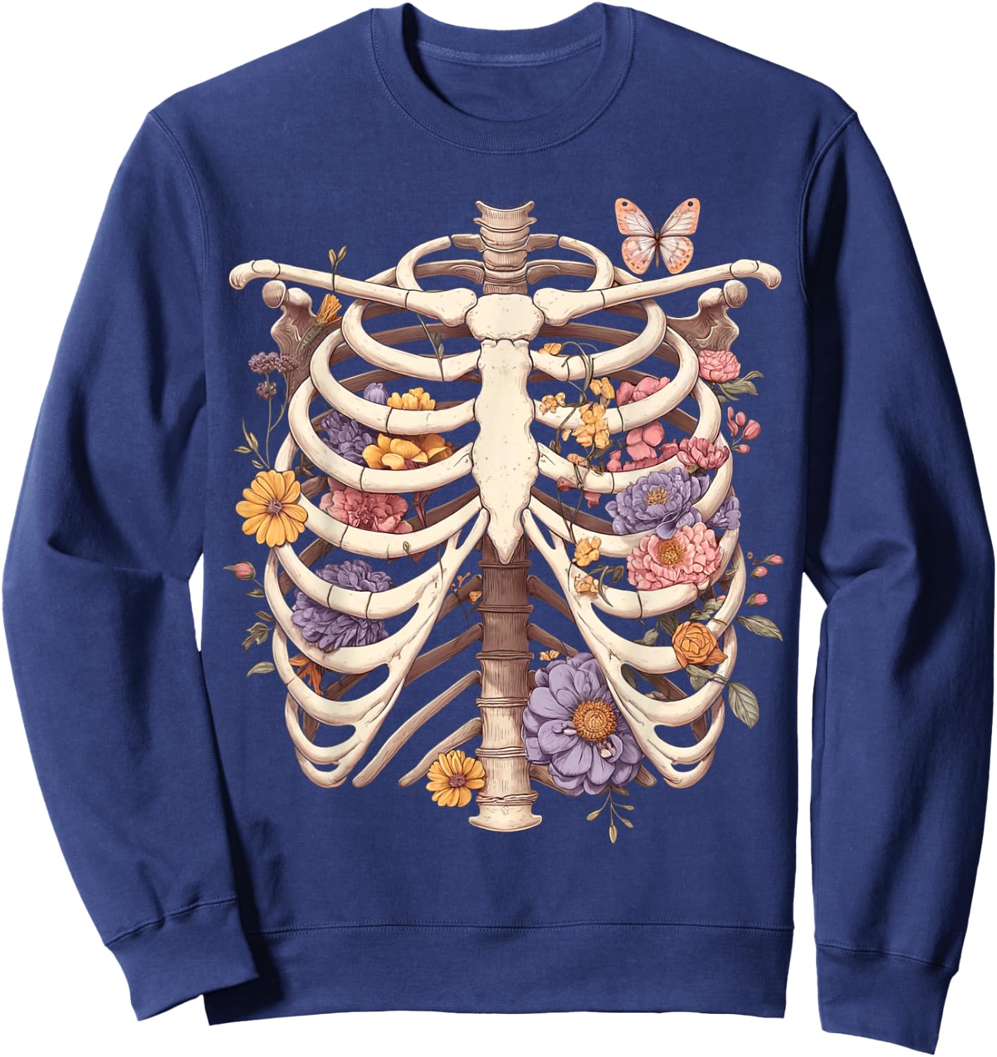 Goth Heart Ribcage with Butterflies and Flowers Skeleton Sweatshirt - Sweatshirt | Navy