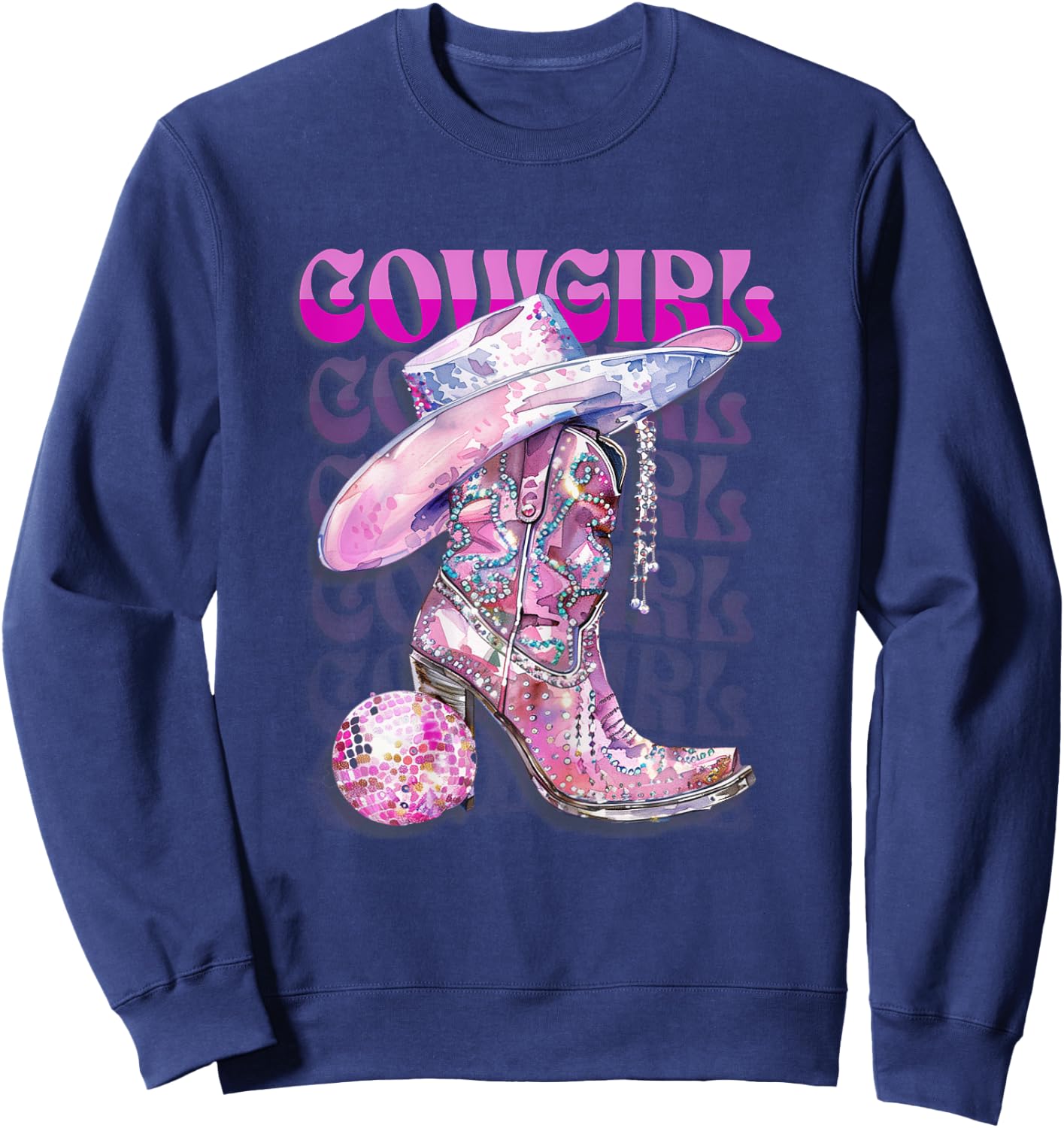 Pink Cowgirl Boots Disco Western Country Cow Girl Coastal Sweatshirt - Sweatshirt | Navy
