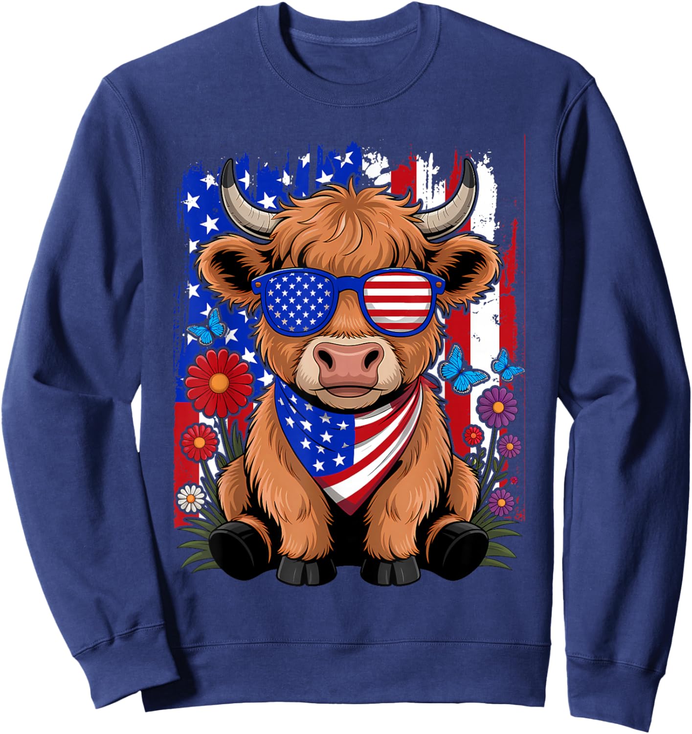 Cute Highland Cow Florals 4th of July USA Flag Patriotic Cow Sweatshirt - Sweatshirt | Navy