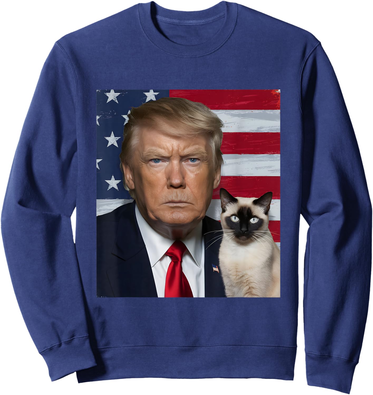 Funny Trump And Siamese Cat Political USA Flag Election 2024 Sweatshirt - Sweatshirt | Navy