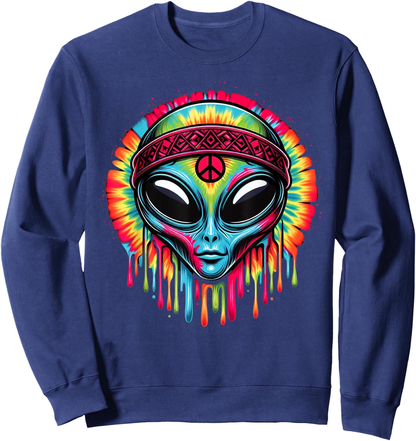 Tie-Dye Alien Peace Sign Funny Boho Hippie Sweatshirt - Sweatshirt | Navy