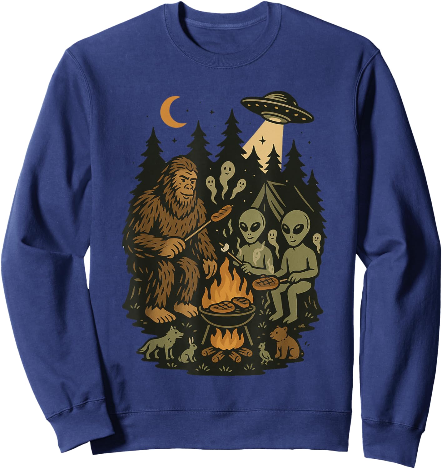 Bigfoot and Aliens Cooking in Forest with UFOs and Animals Sweatshirt - Sweatshirt | Navy