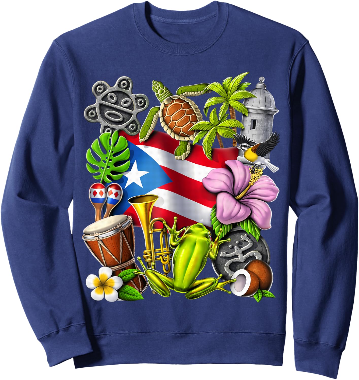 Puerto Rico Boricua Coqui Frog Taino Sun Puerto Rican Flag Sweatshirt - Sweatshirt | Navy