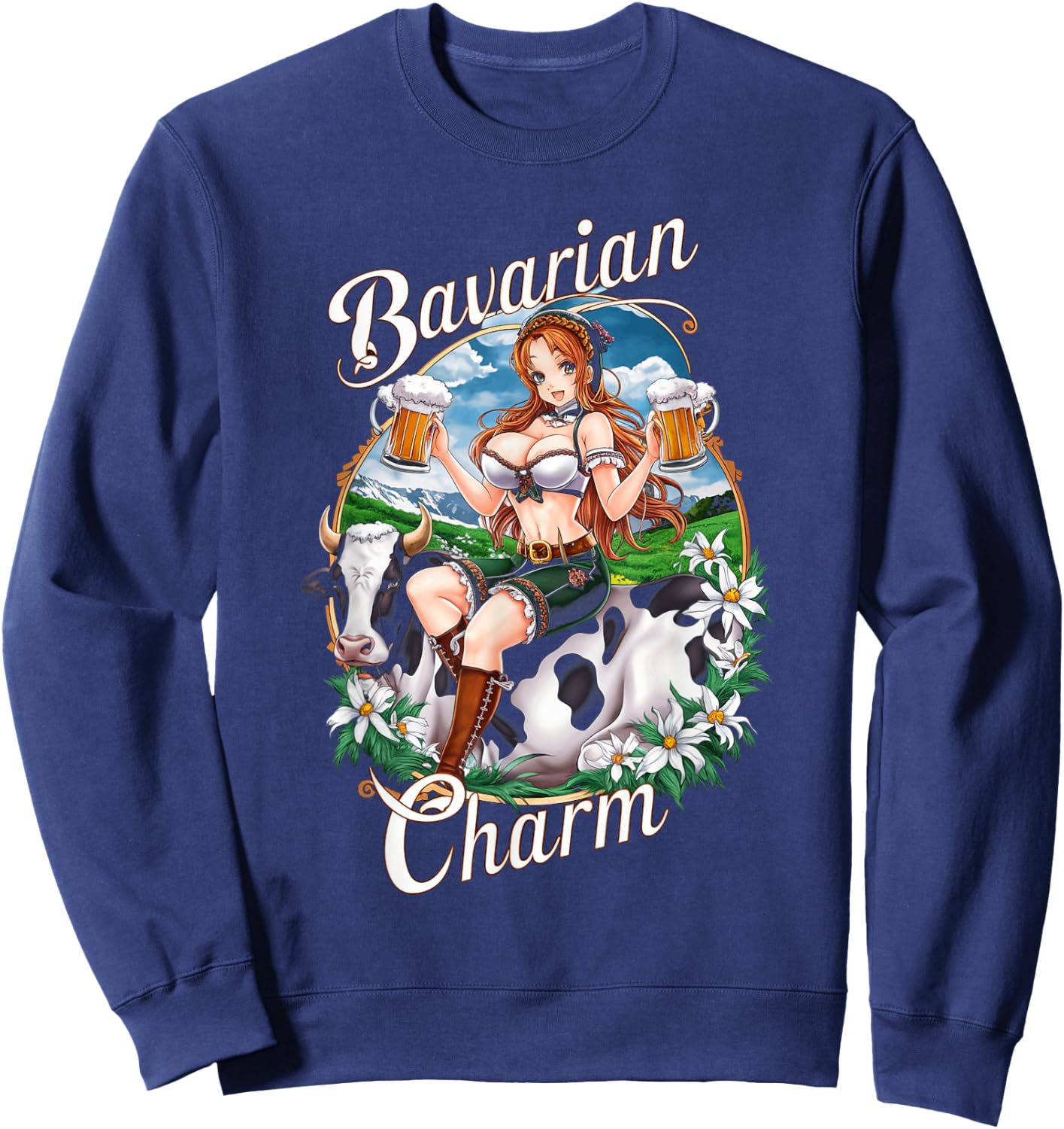 Bavarian Anime Girl with Beer Mugs German Manga Sweatshirt - Sweatshirt | Navy