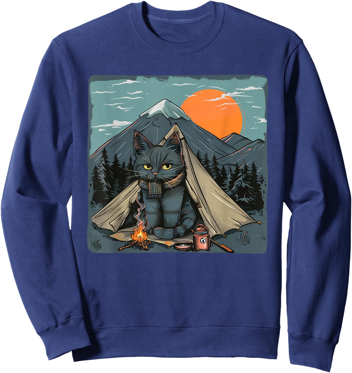 Awesome Nature Camping Cat with nice Mountains and Sunset Sweatshirt - Sweatshirt | Navy
