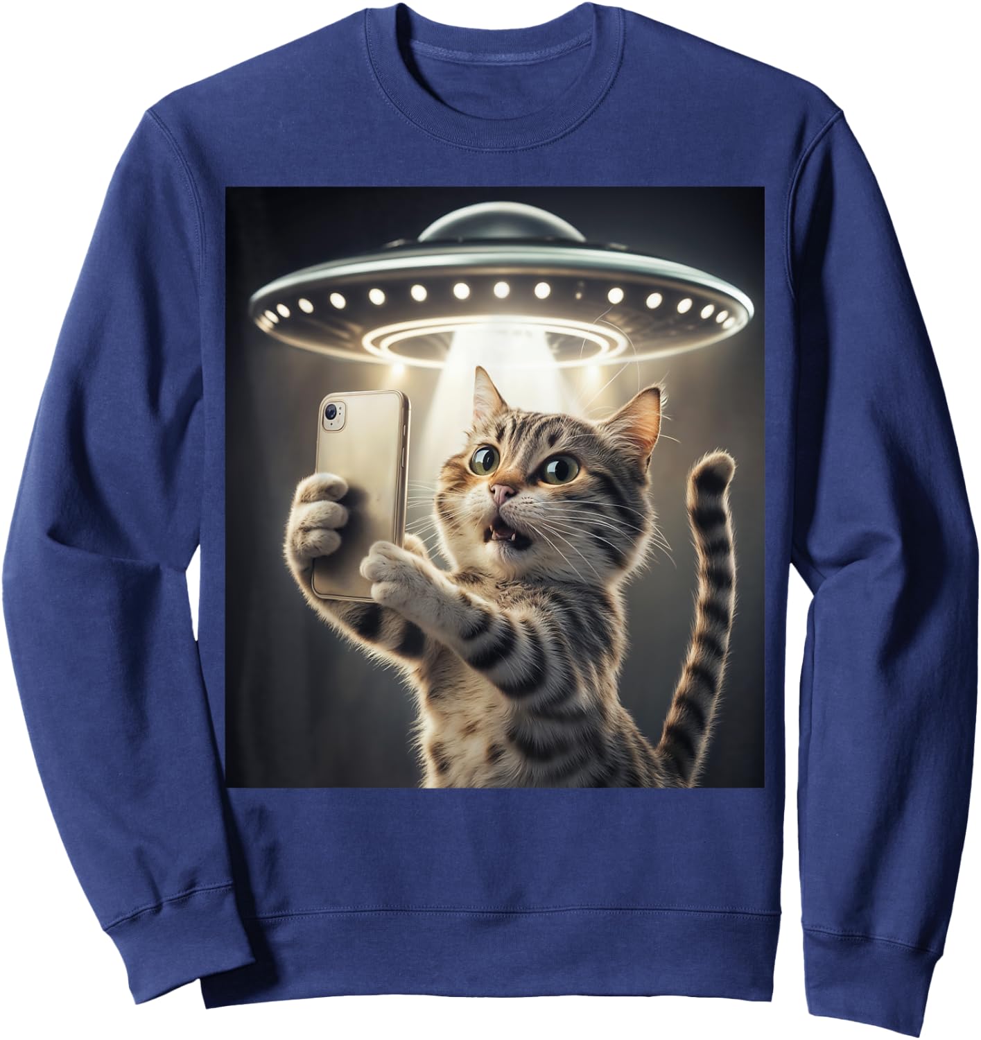 Cat Taking A Selfie With A UFO Cute And Funny Sweatshirt - Sweatshirt | Navy
