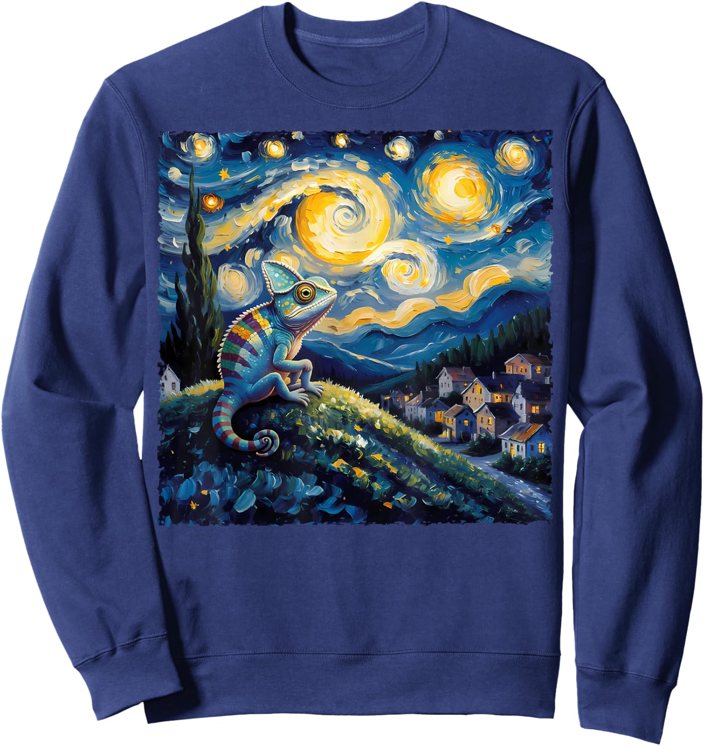 Van Gogh Style Funny Chameleon Lover Starry Night Painting Sweatshirt - Sweatshirt | Navy