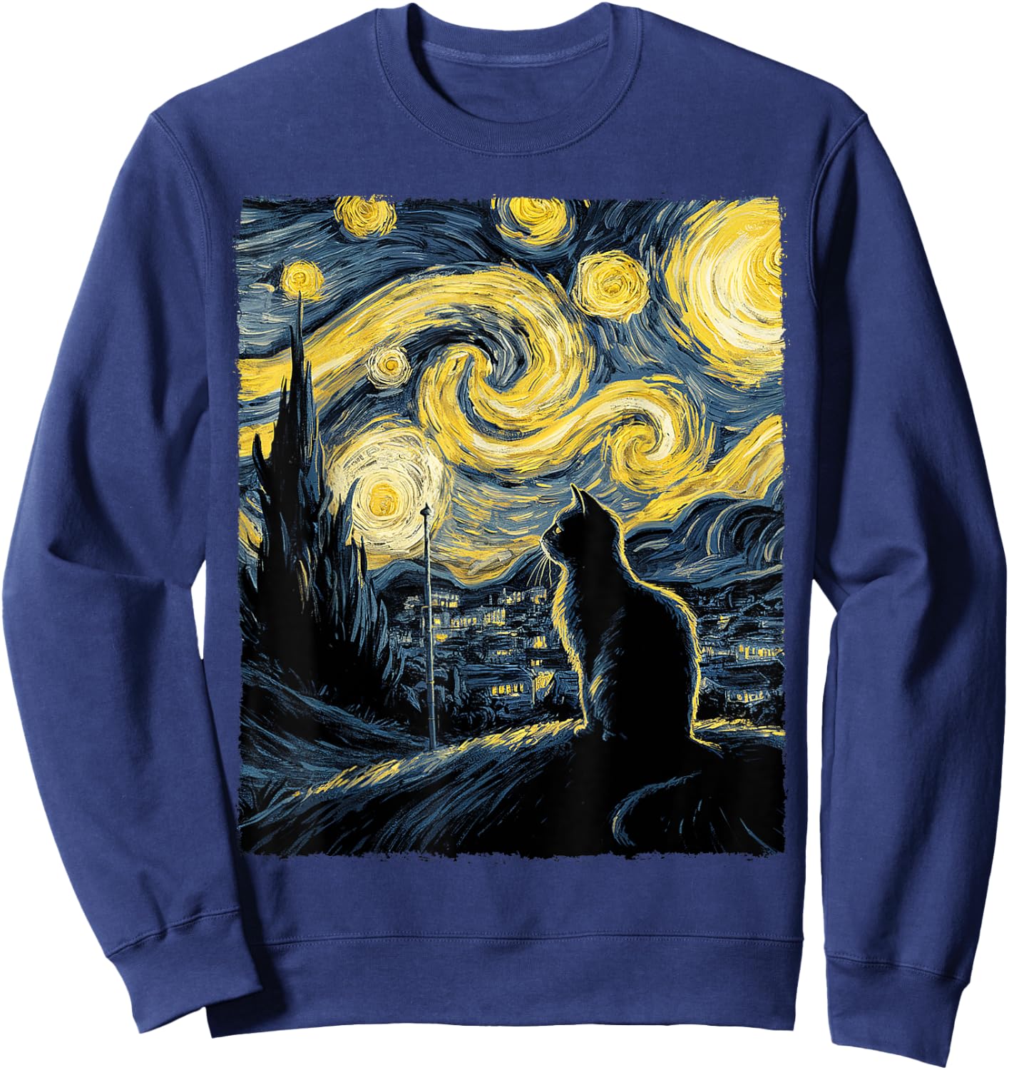 Cat Starry Night Van Gogh Gift Cat Lover Cat Mom Cat Dad Sweatshirt - Sweatshirt | Navy