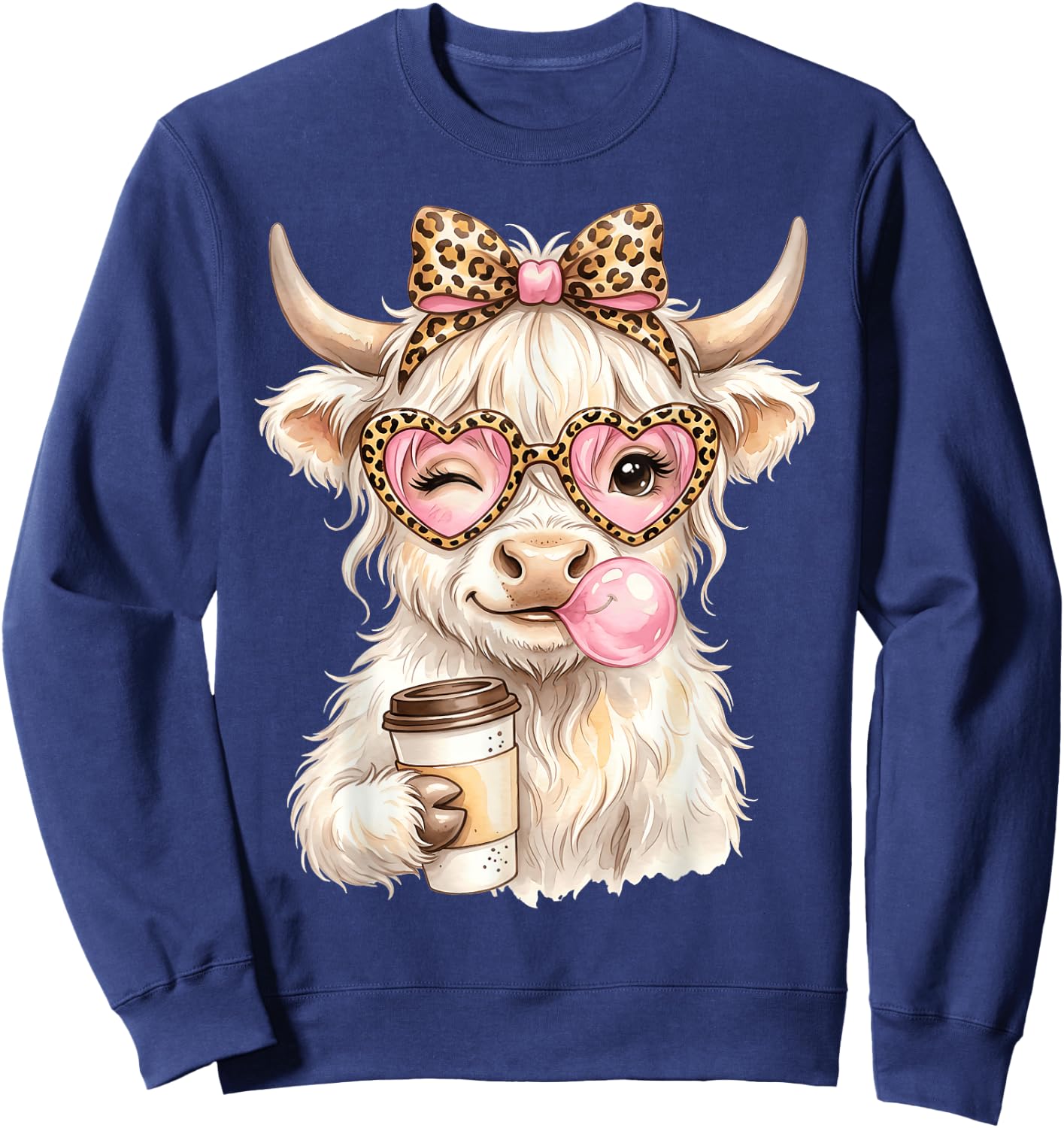 Scottish Highland Cow Blowing Bubblegum Sweatshirt - Sweatshirt | Navy