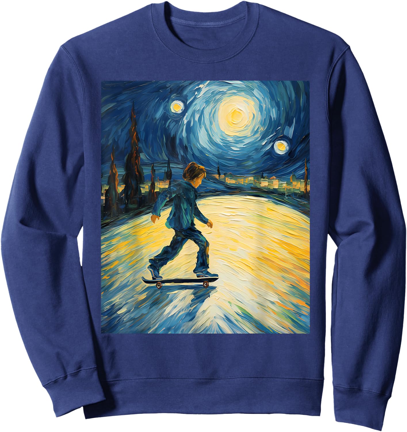 Aesthetic Surrealism Starry Night Boy Skateboarding Sweatshirt - Sweatshirt | Navy