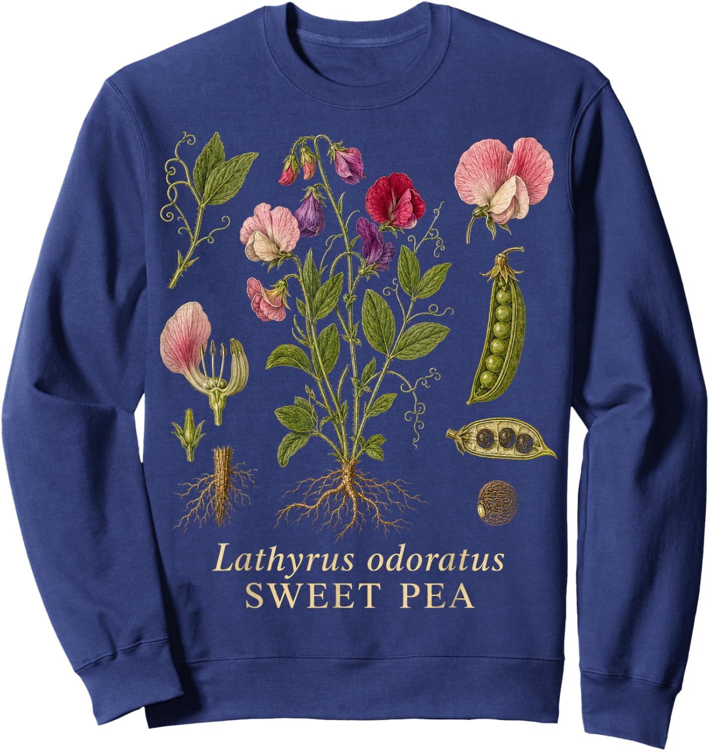 Sweet Pea Botanical Flower Vintage Garden Illustration Sweatshirt - Sweatshirt | Navy