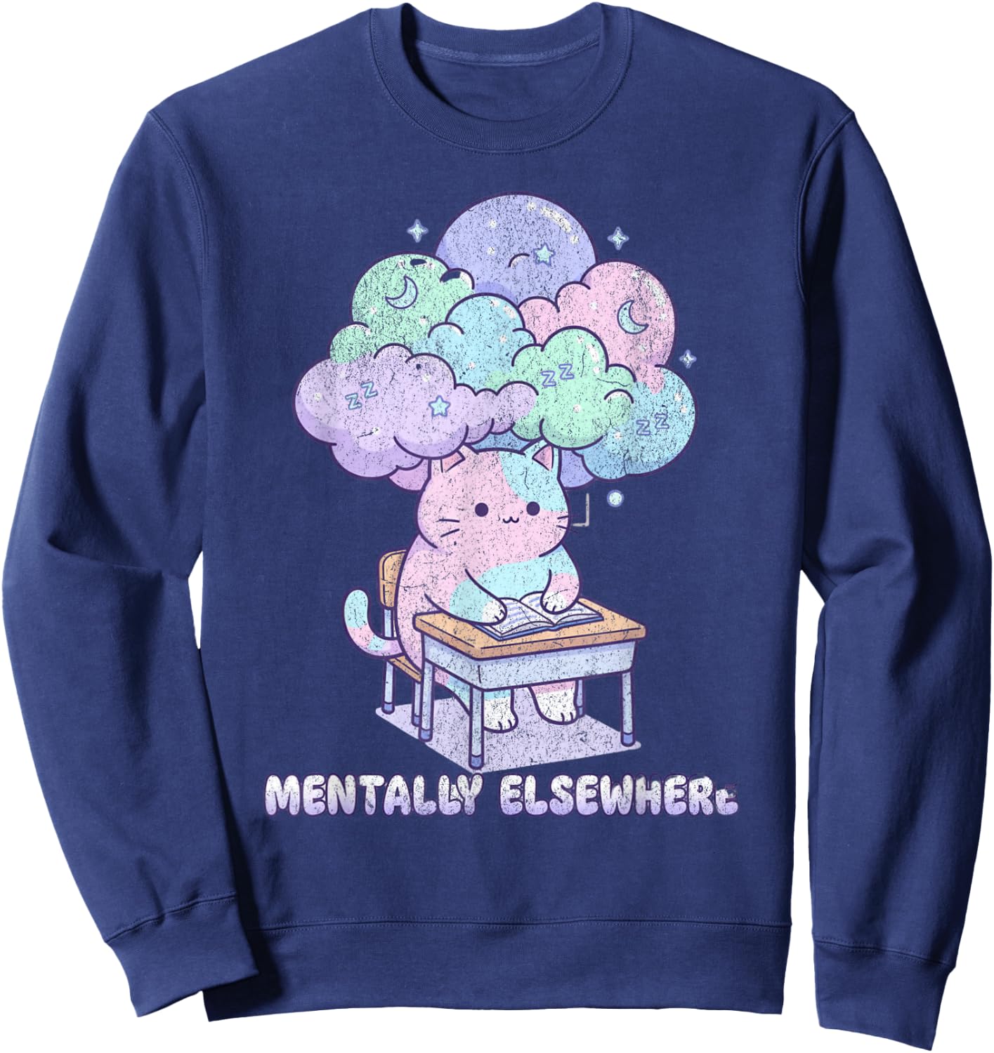 Mentally Elsewhere Cat School Funny Kawaii Dissociation Sweatshirt - Sweatshirt | Navy