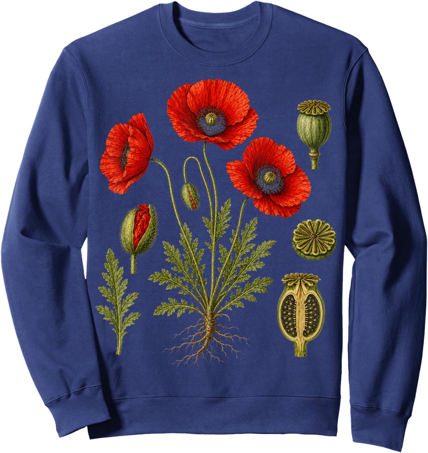 Red Poppy Nature Diagram Vintage Style Sweatshirt - Sweatshirt | Navy