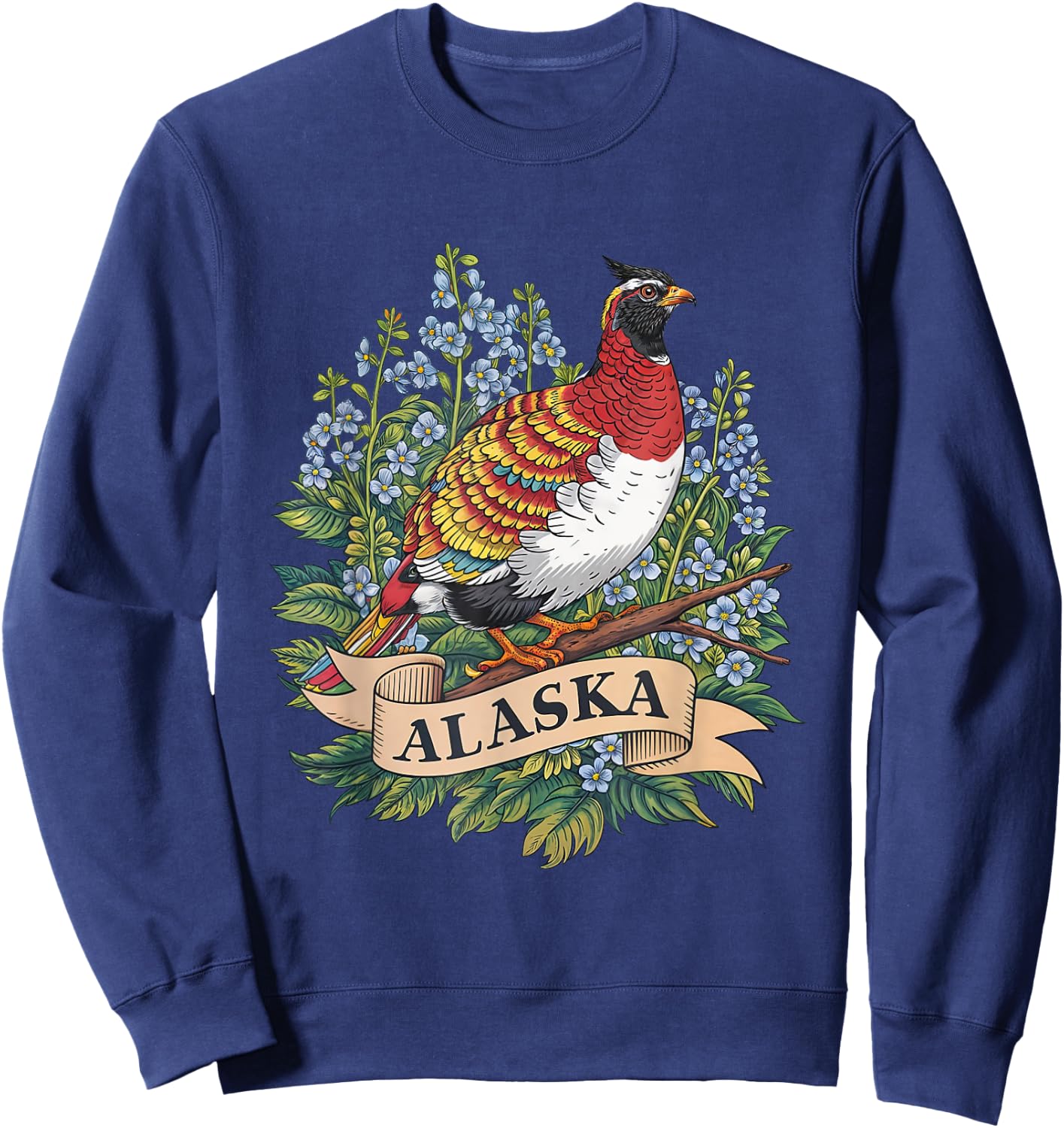 Alaska Willow Ptarmigan Bird and Forget-Me-Not Flower Sweatshirt - Sweatshirt | Navy