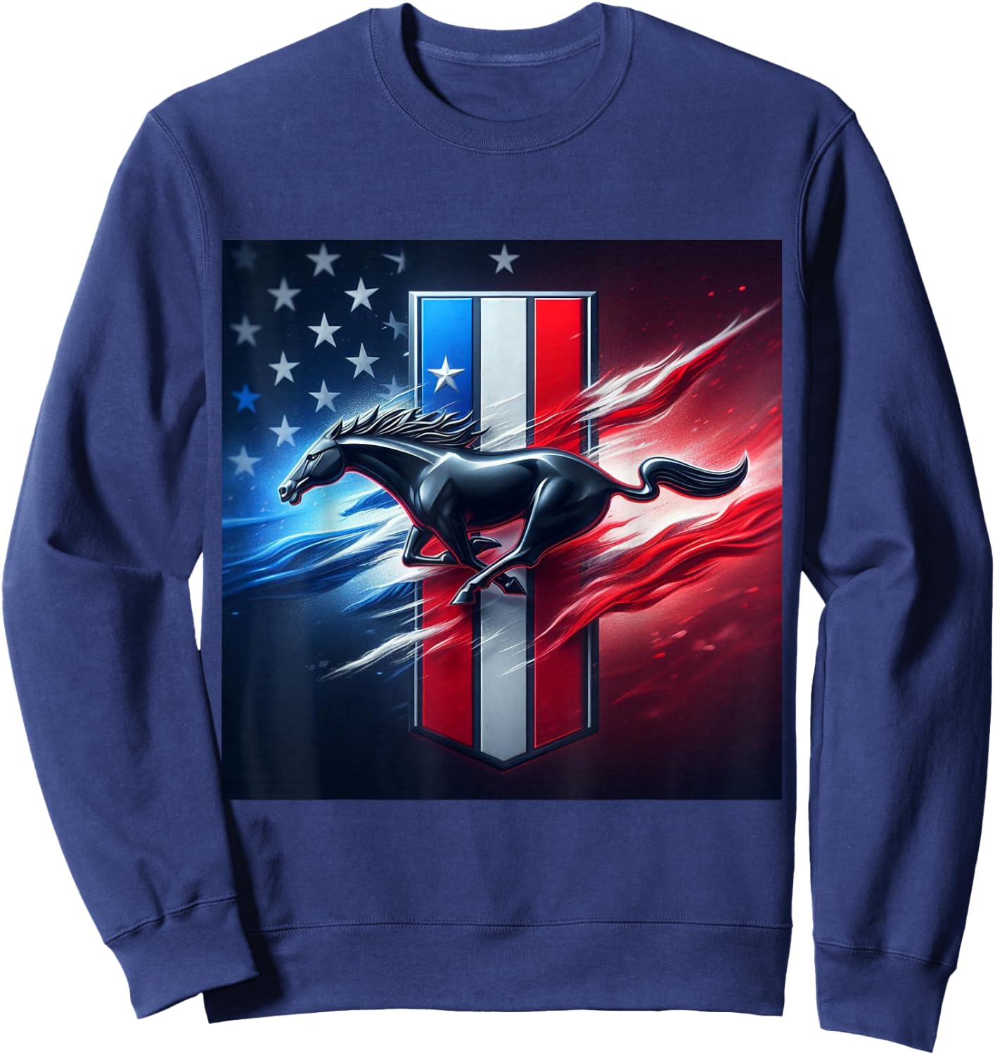 Galloping Mustang on Tri-Bar & Flag Background Sweatshirt - Sweatshirt | Navy