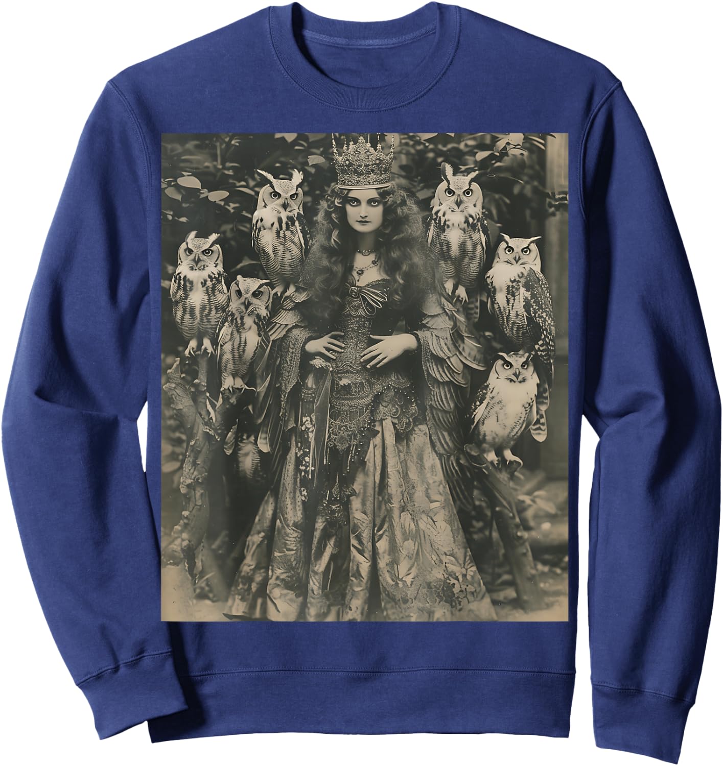 Vintage Witch Sorceress With Raptor Owl Birds Goth Gothic Sweatshirt - Sweatshirt | Navy