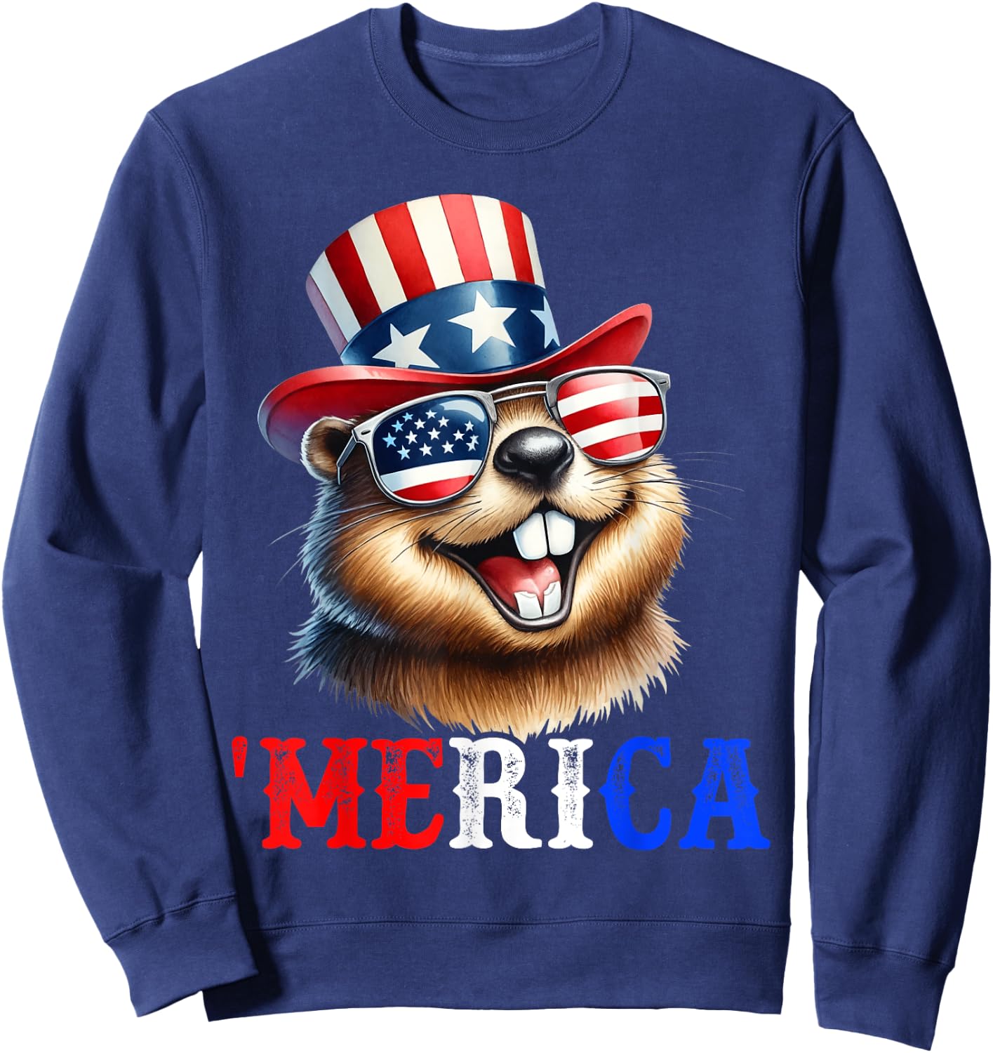 Merica North American Beaver Patriotic 4th of July Men Women Sweatshirt - Sweatshirt | Navy