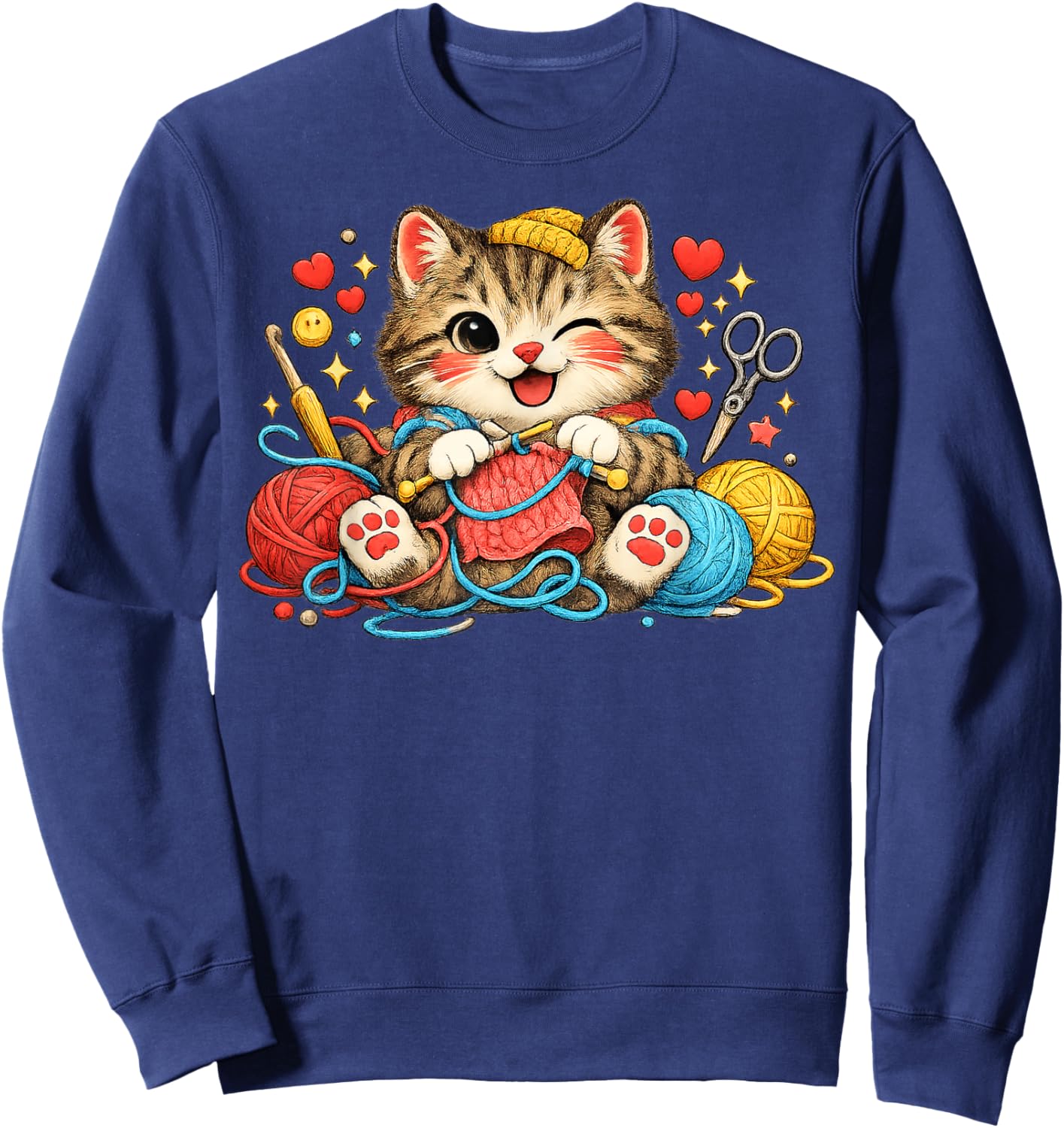Funny Knitting Cat Crochet Yarn Lover Cute Cat Design Sweatshirt - Sweatshirt | Navy