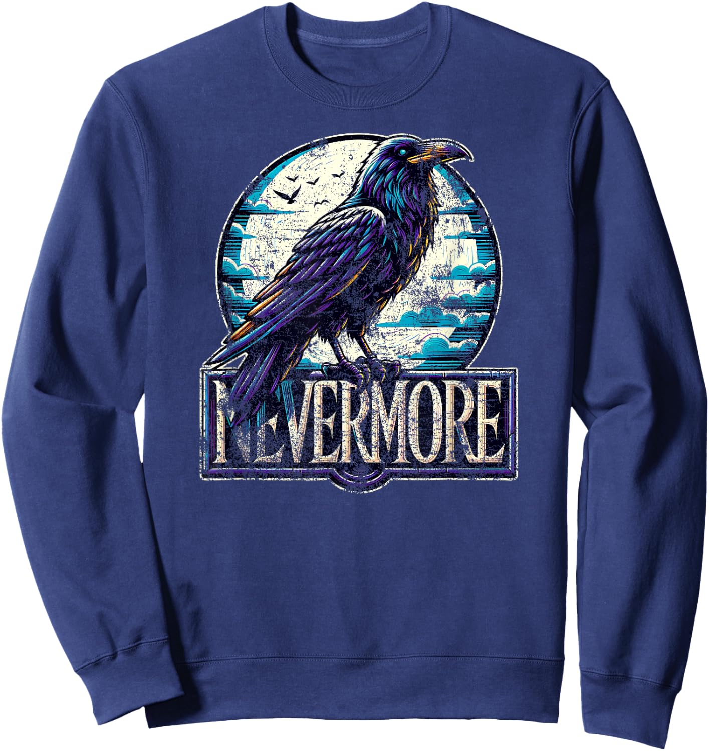 Nevermore with Raven Edgar Allan Poe Distressed Sweatshirt - Sweatshirt | Navy