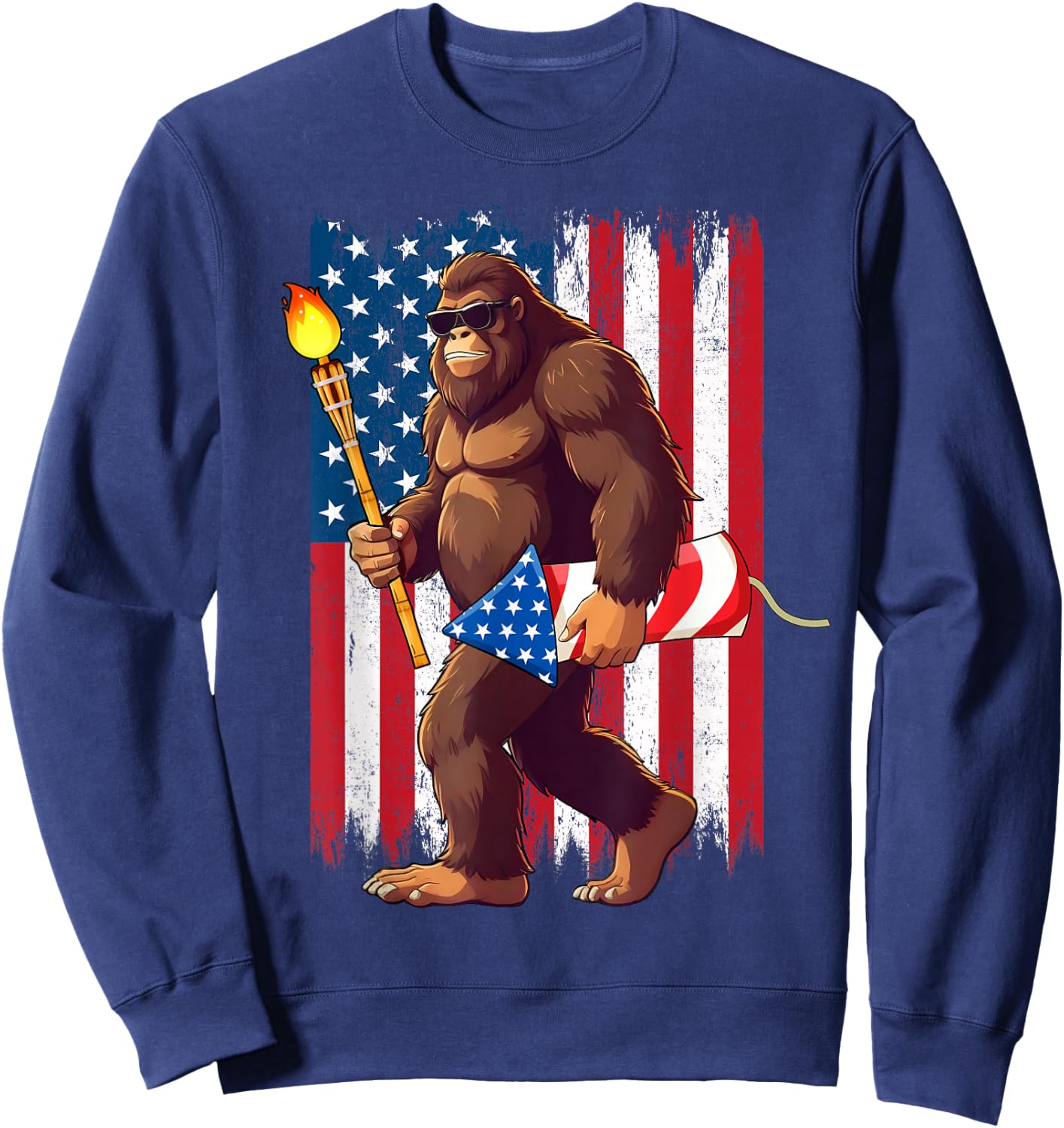 Bigfoot Fireworks 4th of July Sasquatch American US Flag Men Sweatshirt - Sweatshirt | Navy